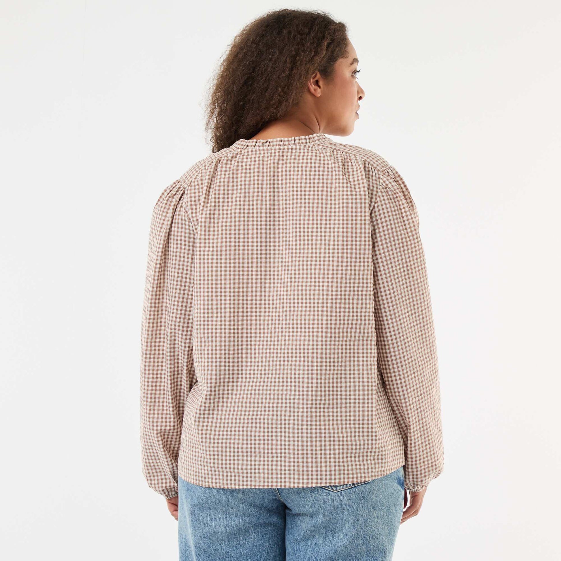 Flowy Gingham Check Blouse BEIGE