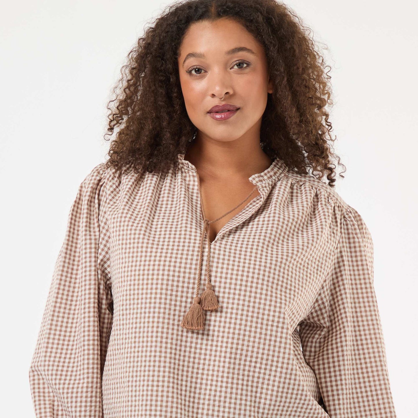 Flowy Gingham Check Blouse BEIGE
