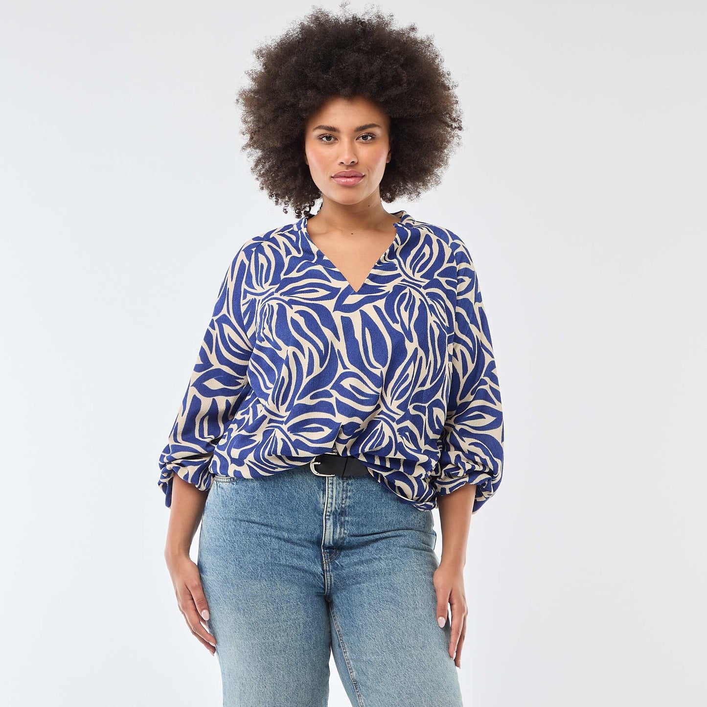 V-Neck Blouse with Allover Print BLUE