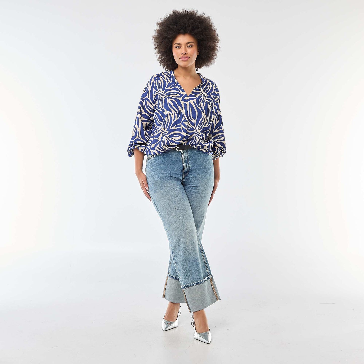 V-Neck Blouse with Allover Print BLUE