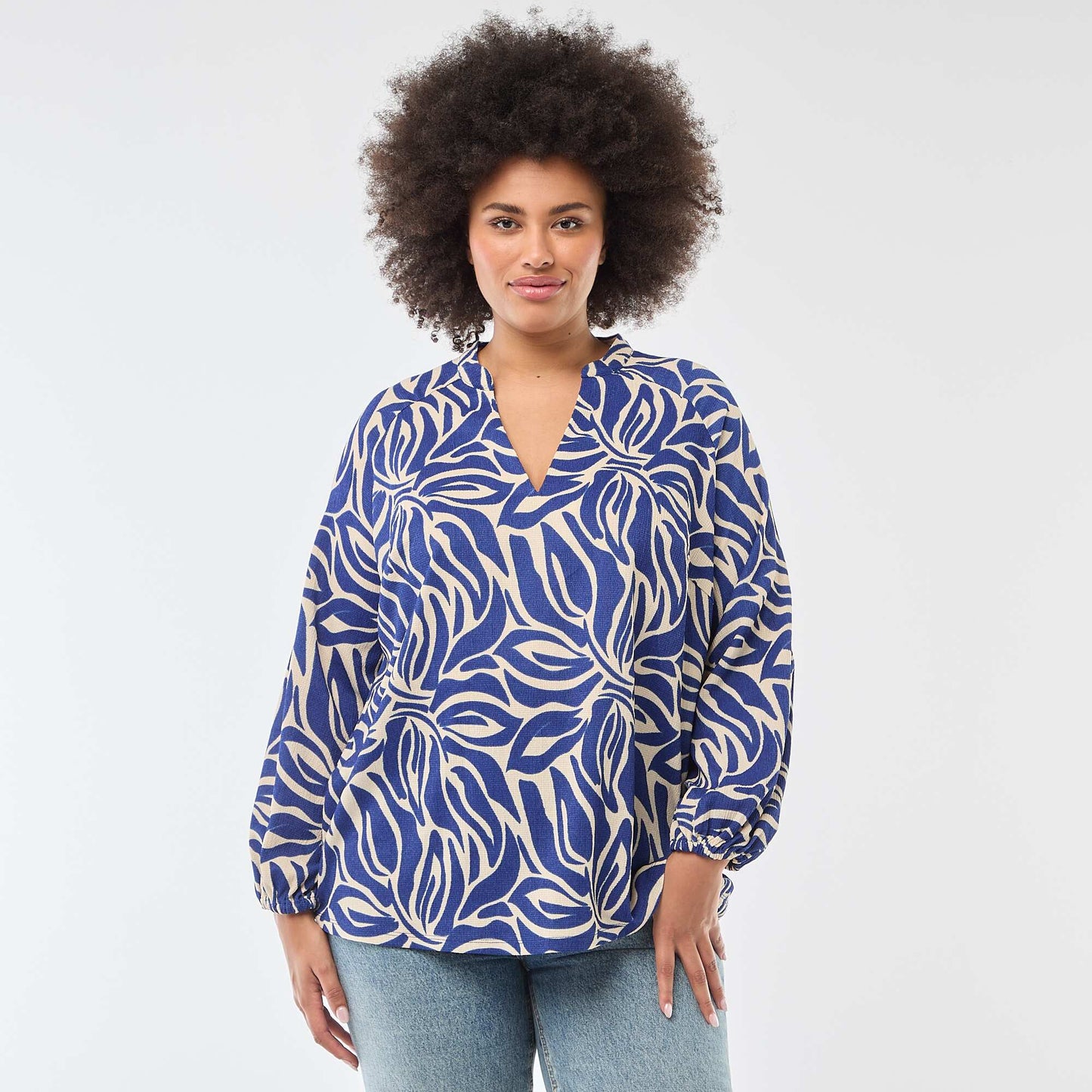 V-Neck Blouse with Allover Print BLUE