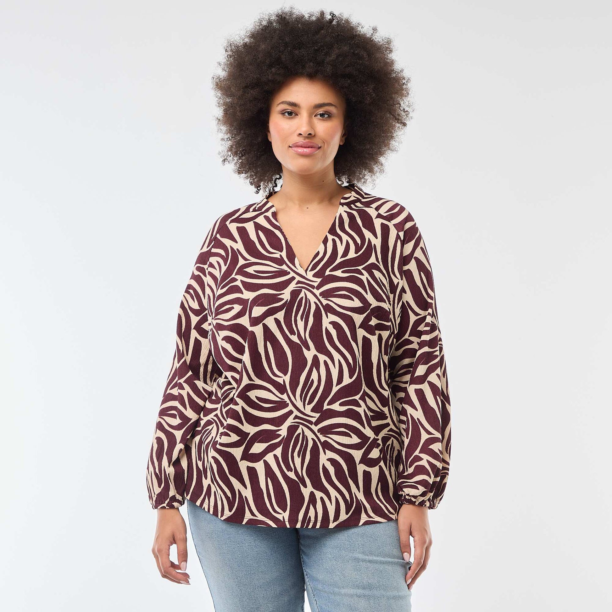 V-Neck Blouse with Allover Print RED