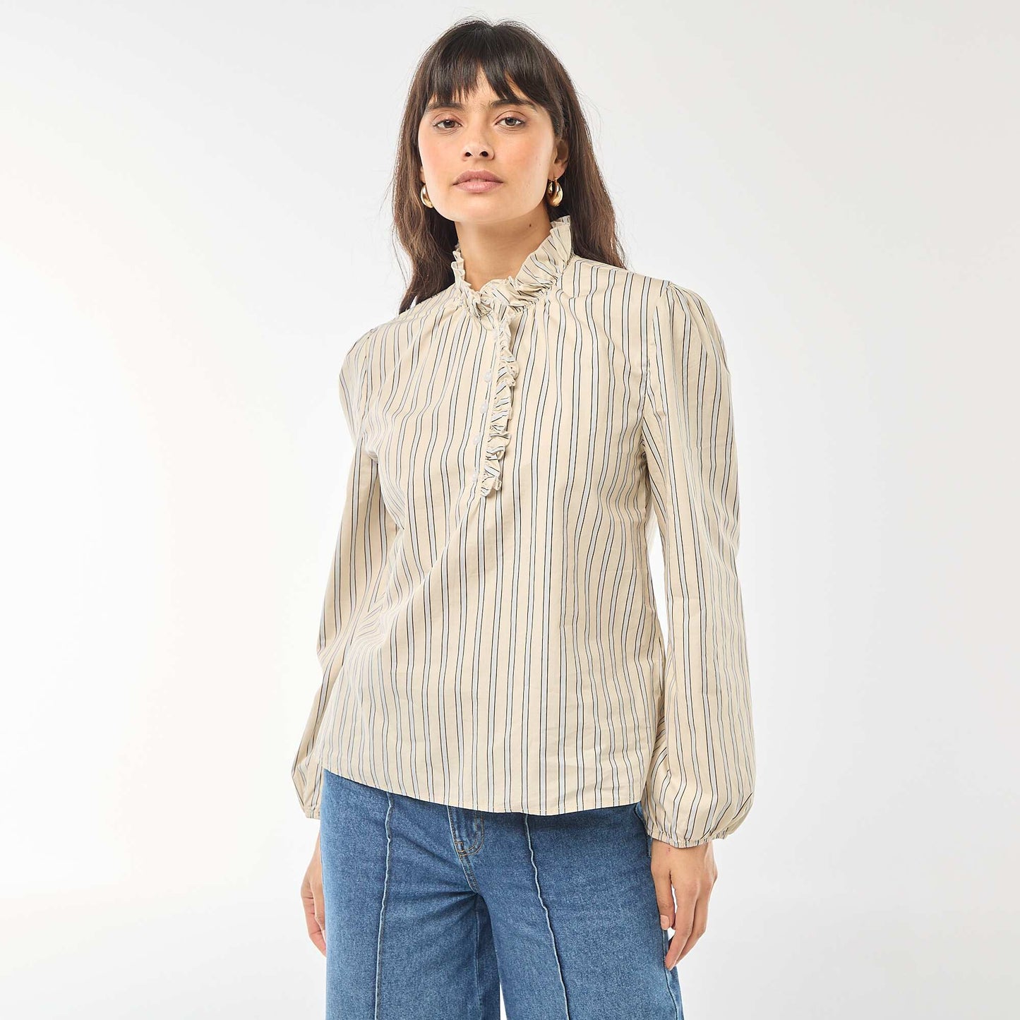 Blouse with Ruffled Collar and Opening WHITE