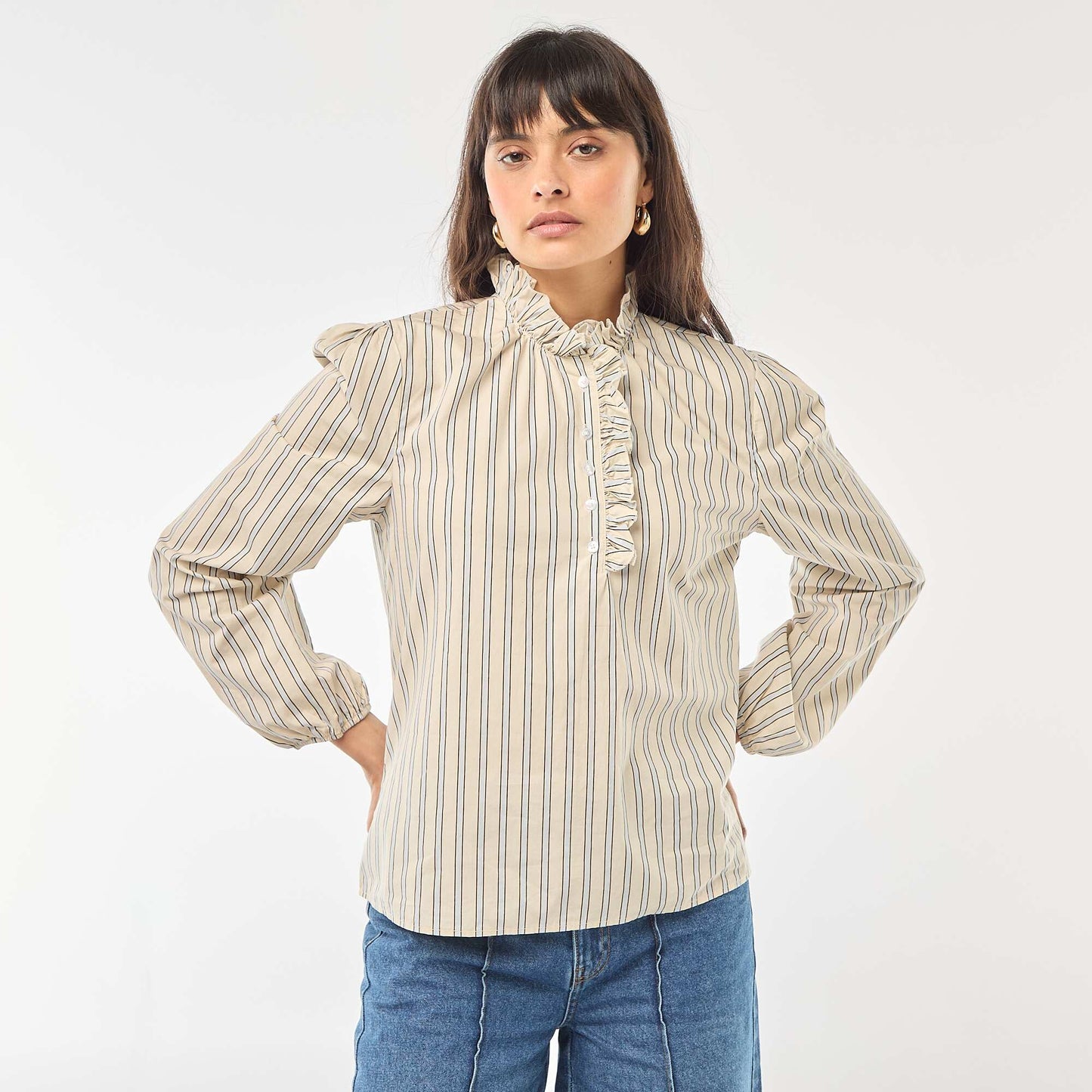 Blouse with Ruffled Collar and Opening WHITE