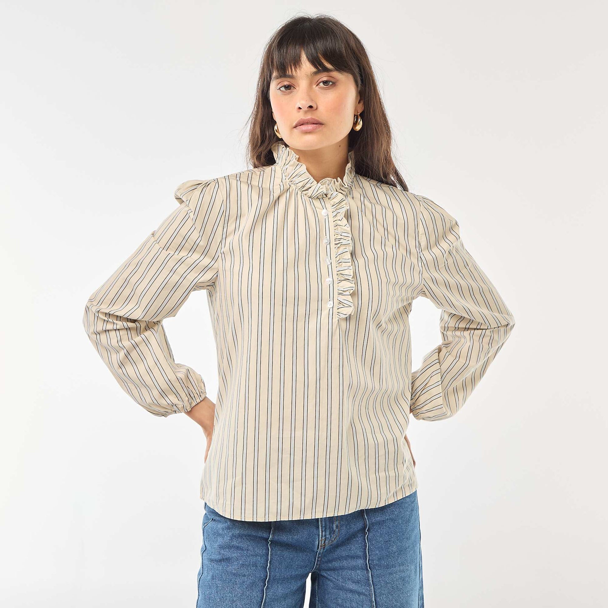 Blouse with Ruffled Collar and Opening WHITE