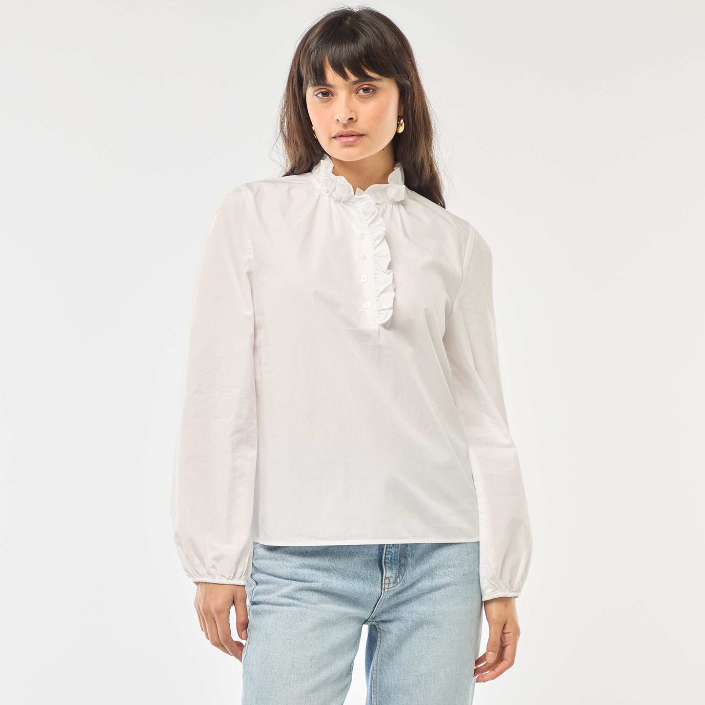 Blouse with Ruffled Collar and Opening WHITE
