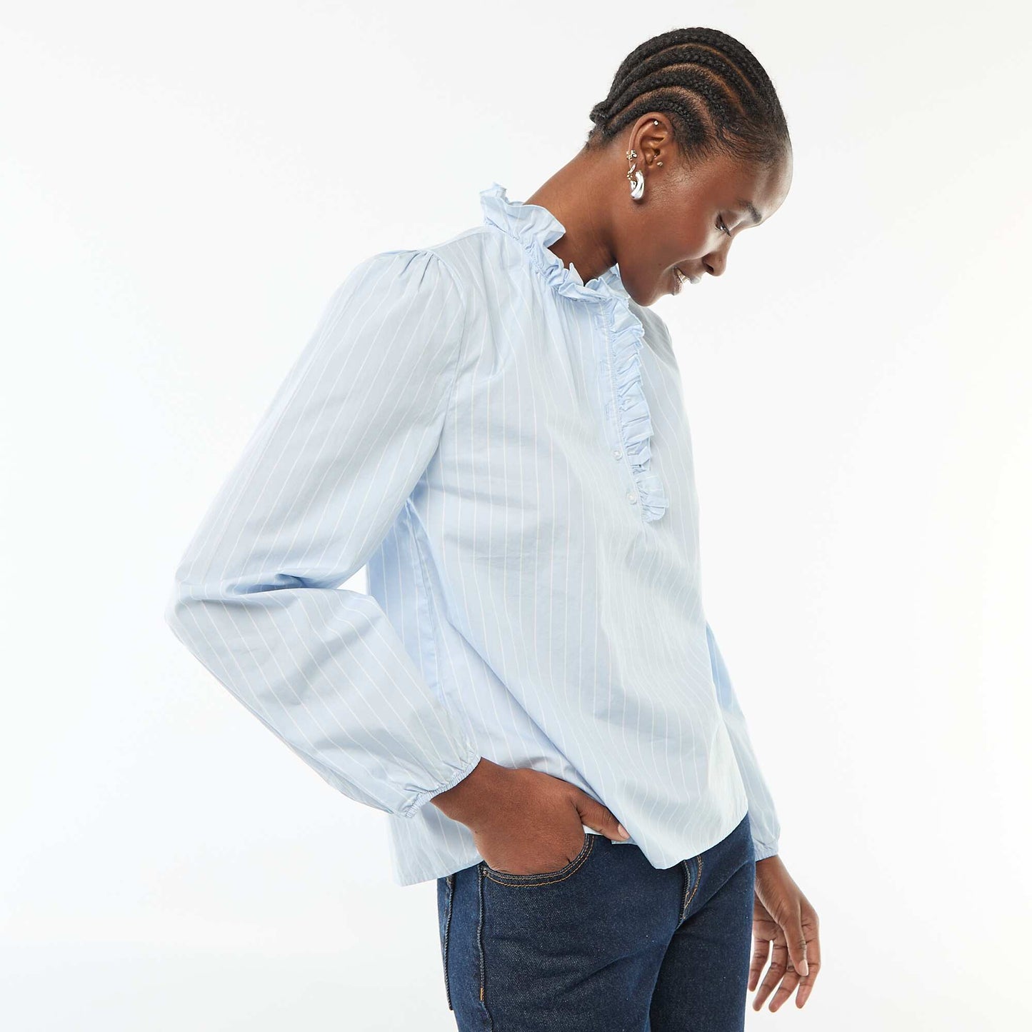 Blouse with Ruffled Collar and Opening BLUE