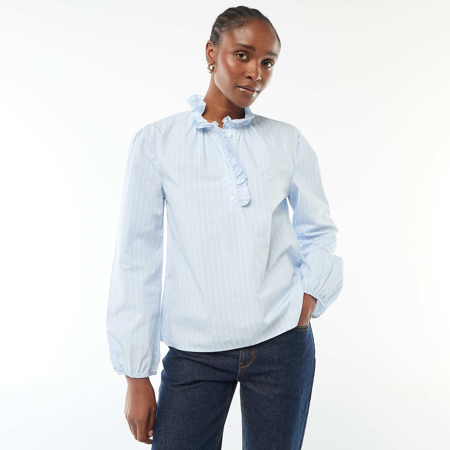 Blouse with Ruffled Collar and Opening BLUE
