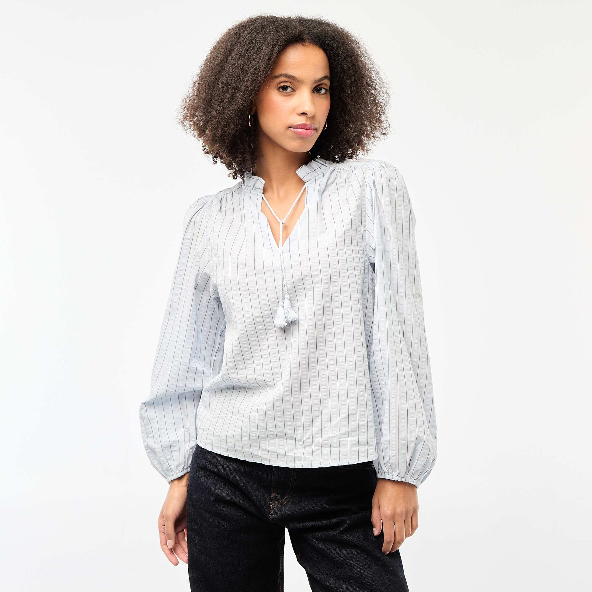 Long-sleeved Checkered Blouse BLUE