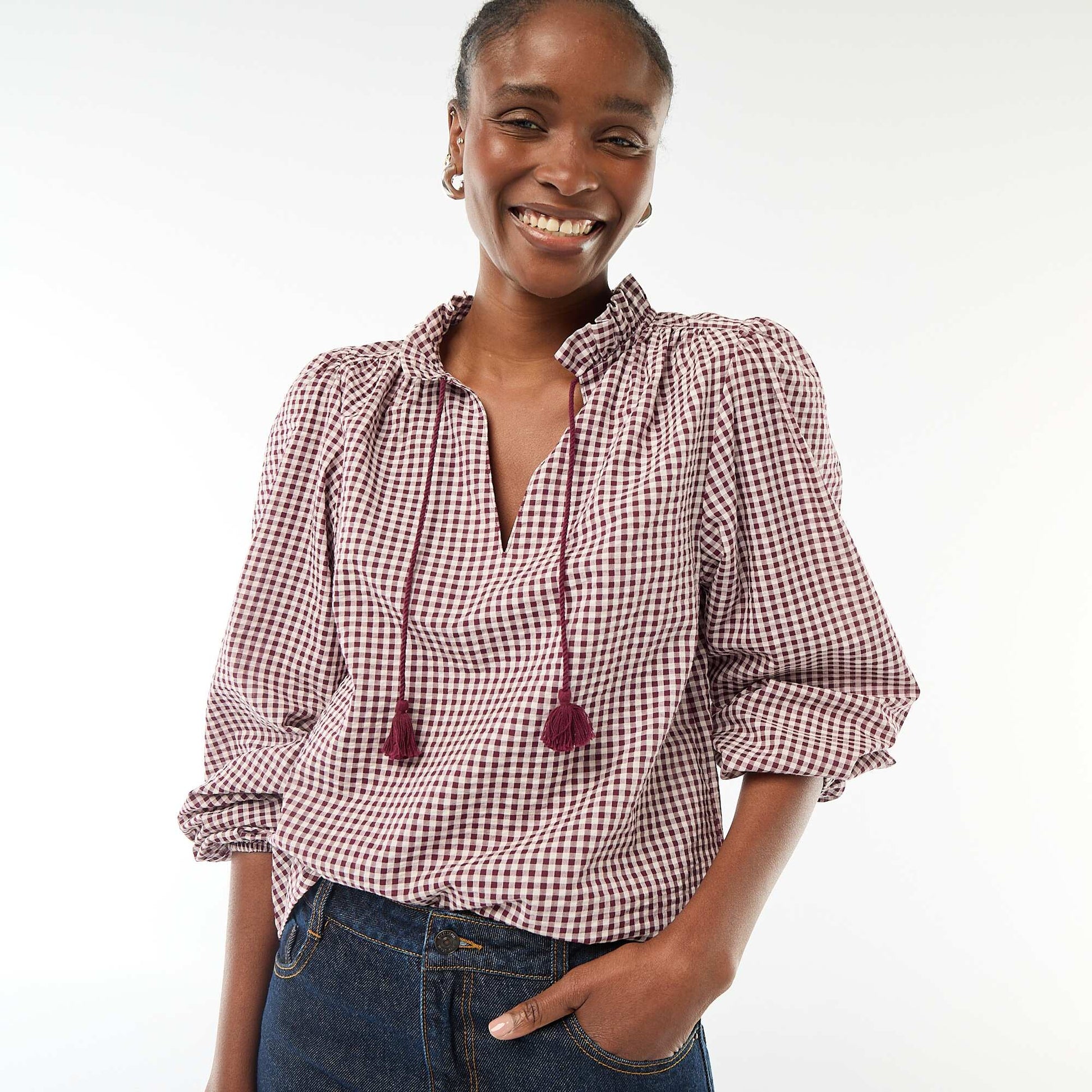 Long-sleeved Checkered Blouse PINK