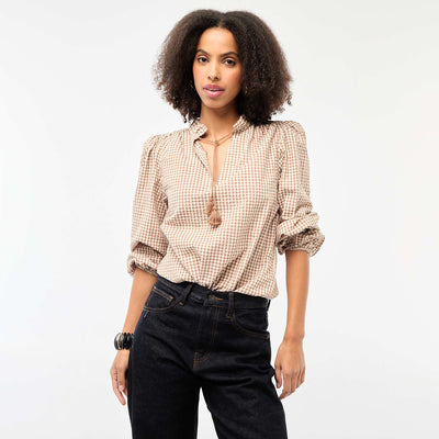 Long-sleeved Checkered Blouse BEIGE