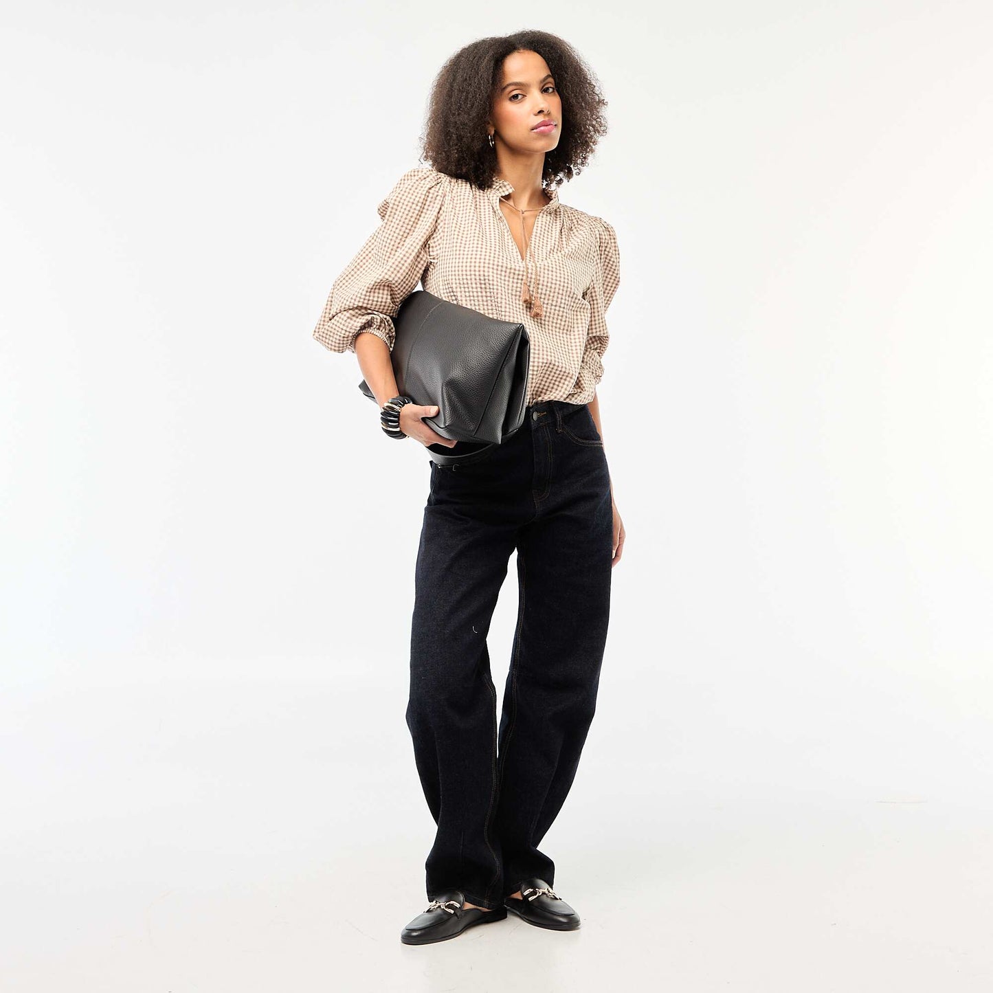 Long-sleeved Checkered Blouse BEIGE