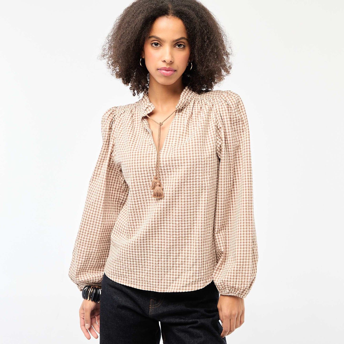 Long-sleeved Checkered Blouse BEIGE