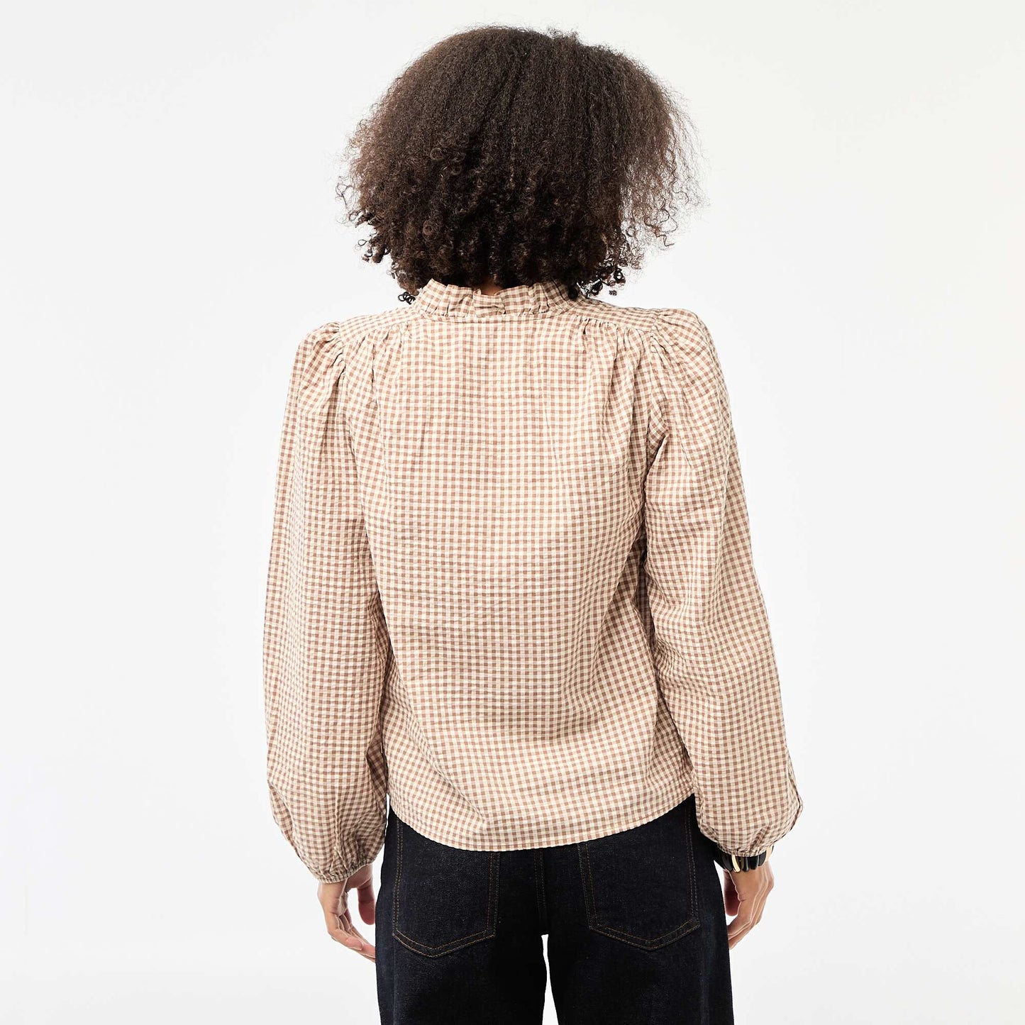 Long-sleeved Checkered Blouse BEIGE