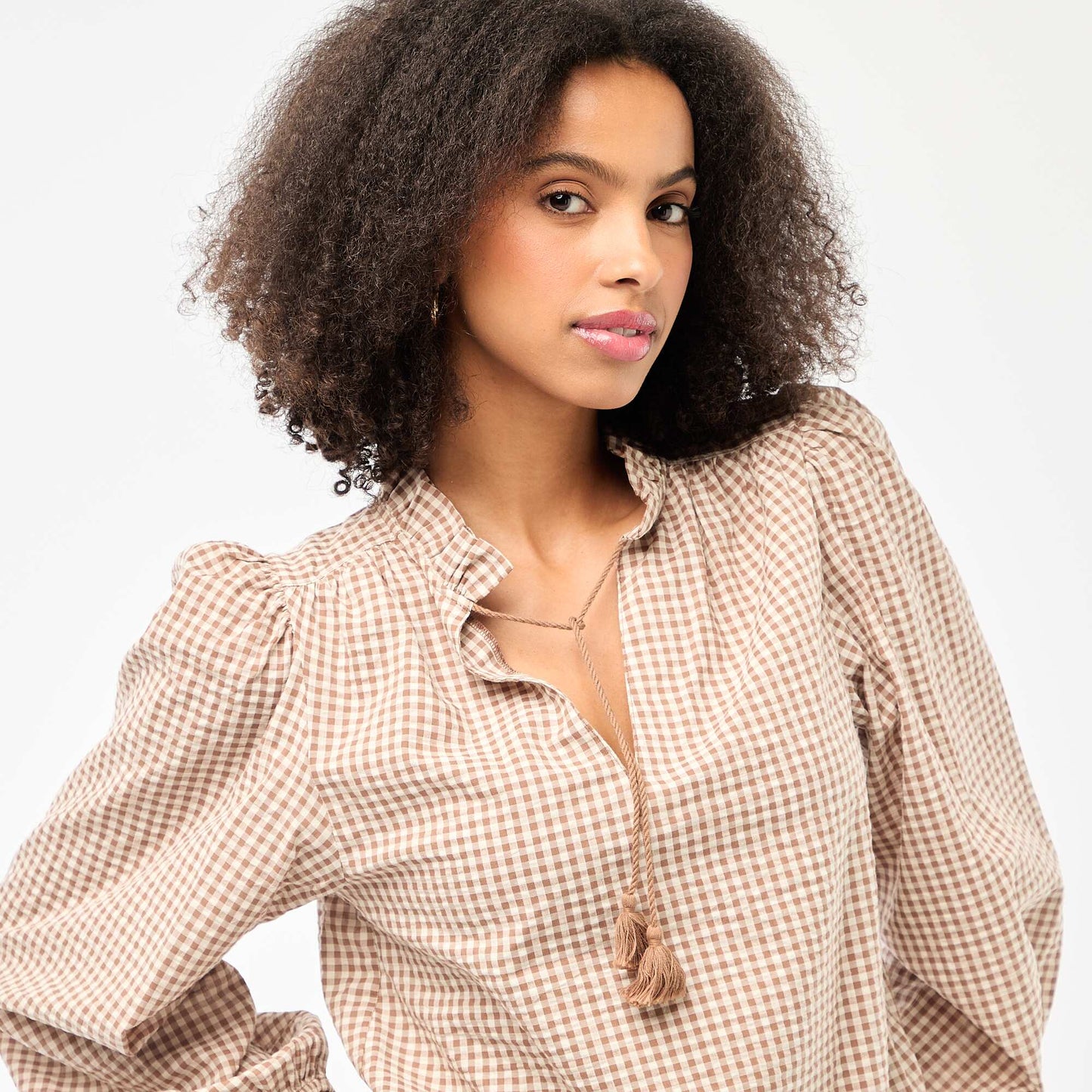 Long-sleeved Checkered Blouse BEIGE