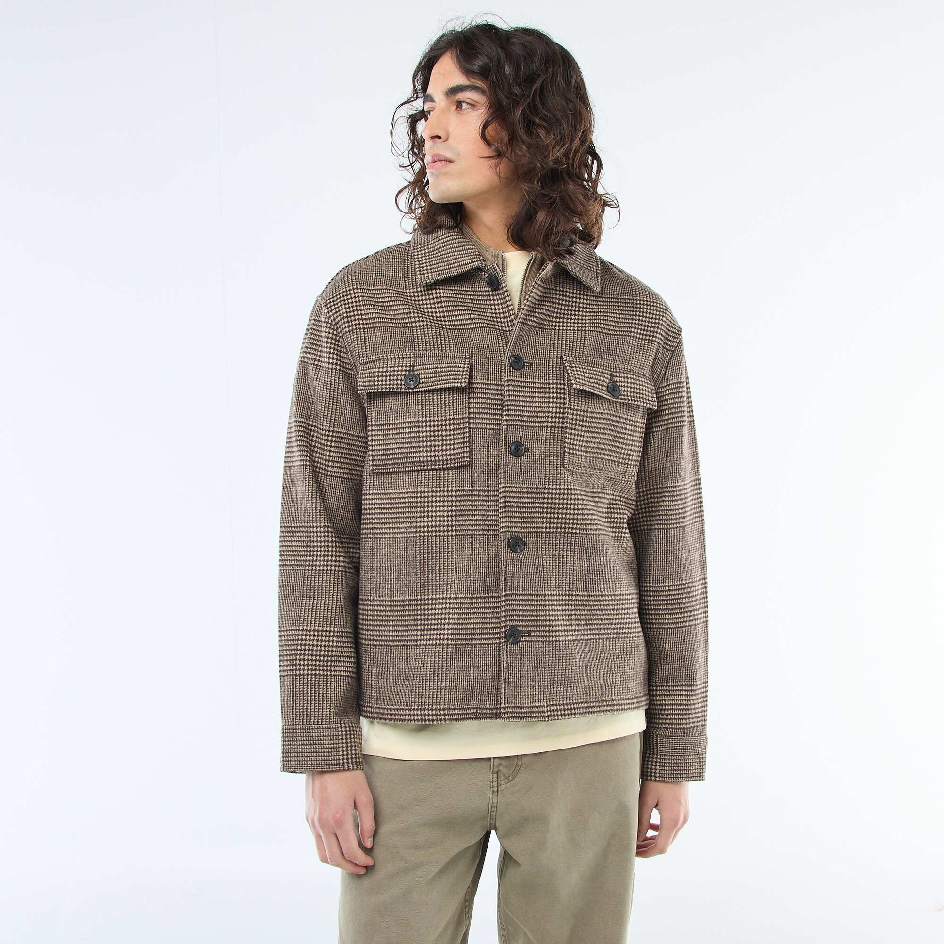 Solid Color Warm Overshirt with Flap Pockets BROWN