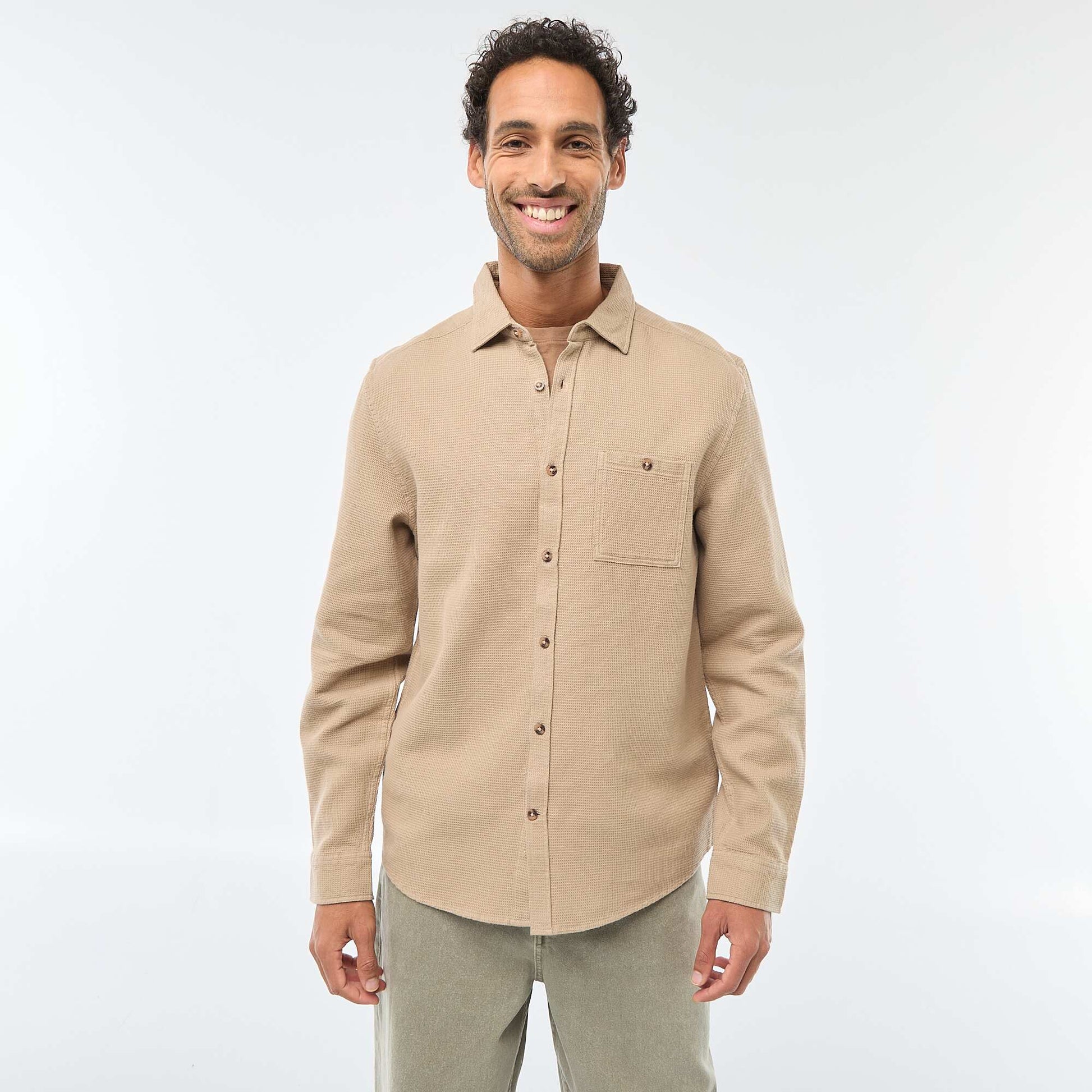 Long-Sleeve Waffle-Knit Shirt BEIGE