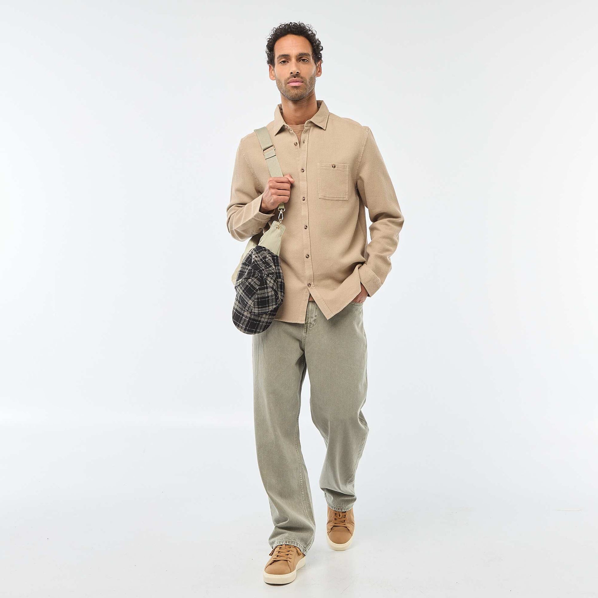 Long-Sleeve Waffle-Knit Shirt BEIGE