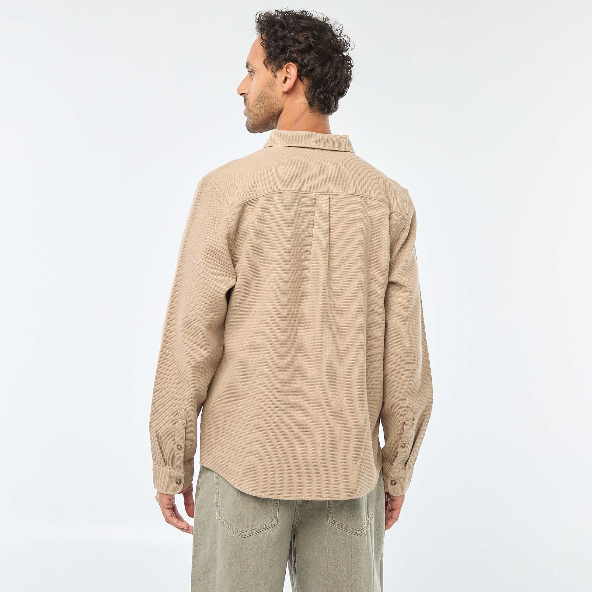 Long-Sleeve Waffle-Knit Shirt BEIGE