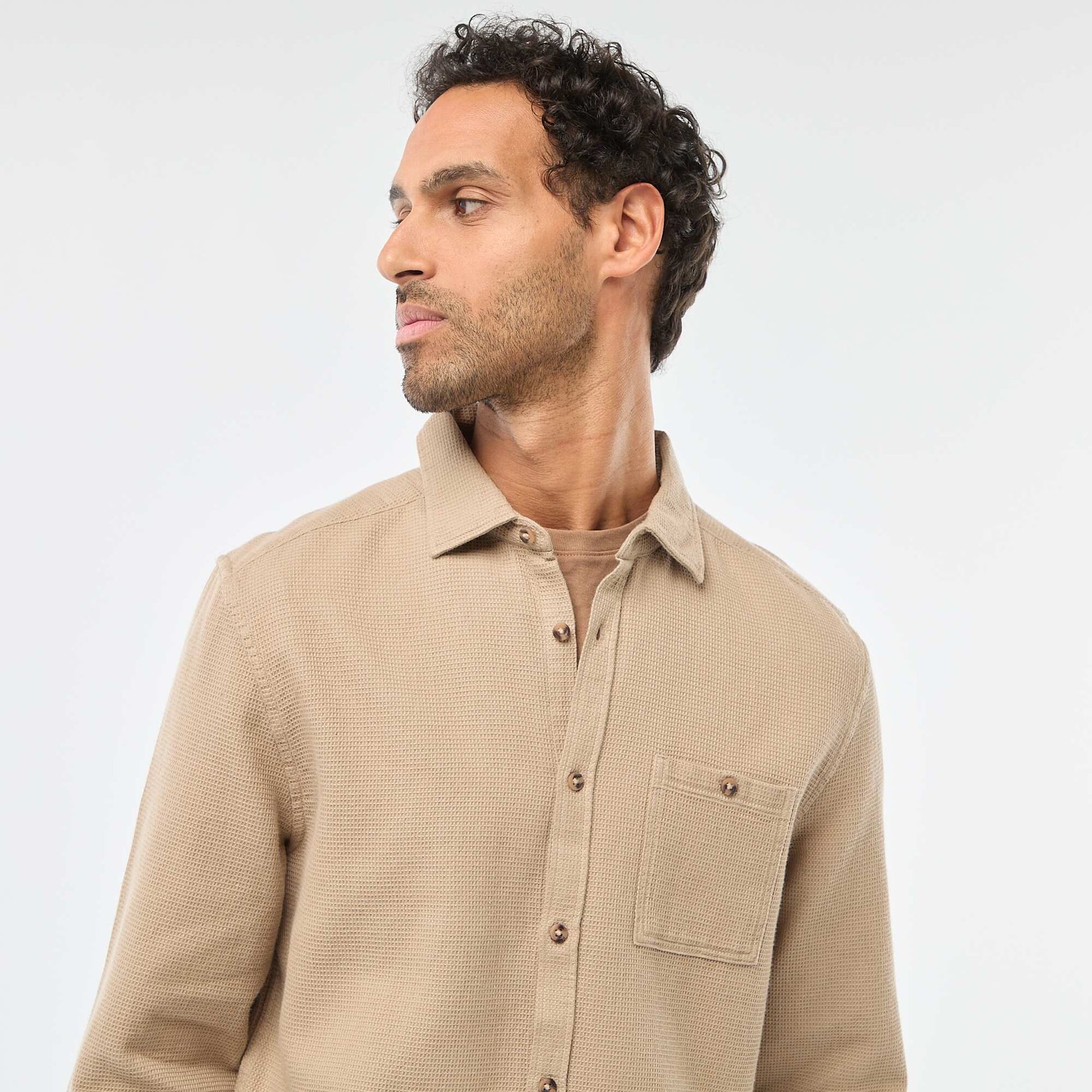 Long-Sleeve Waffle-Knit Shirt BEIGE