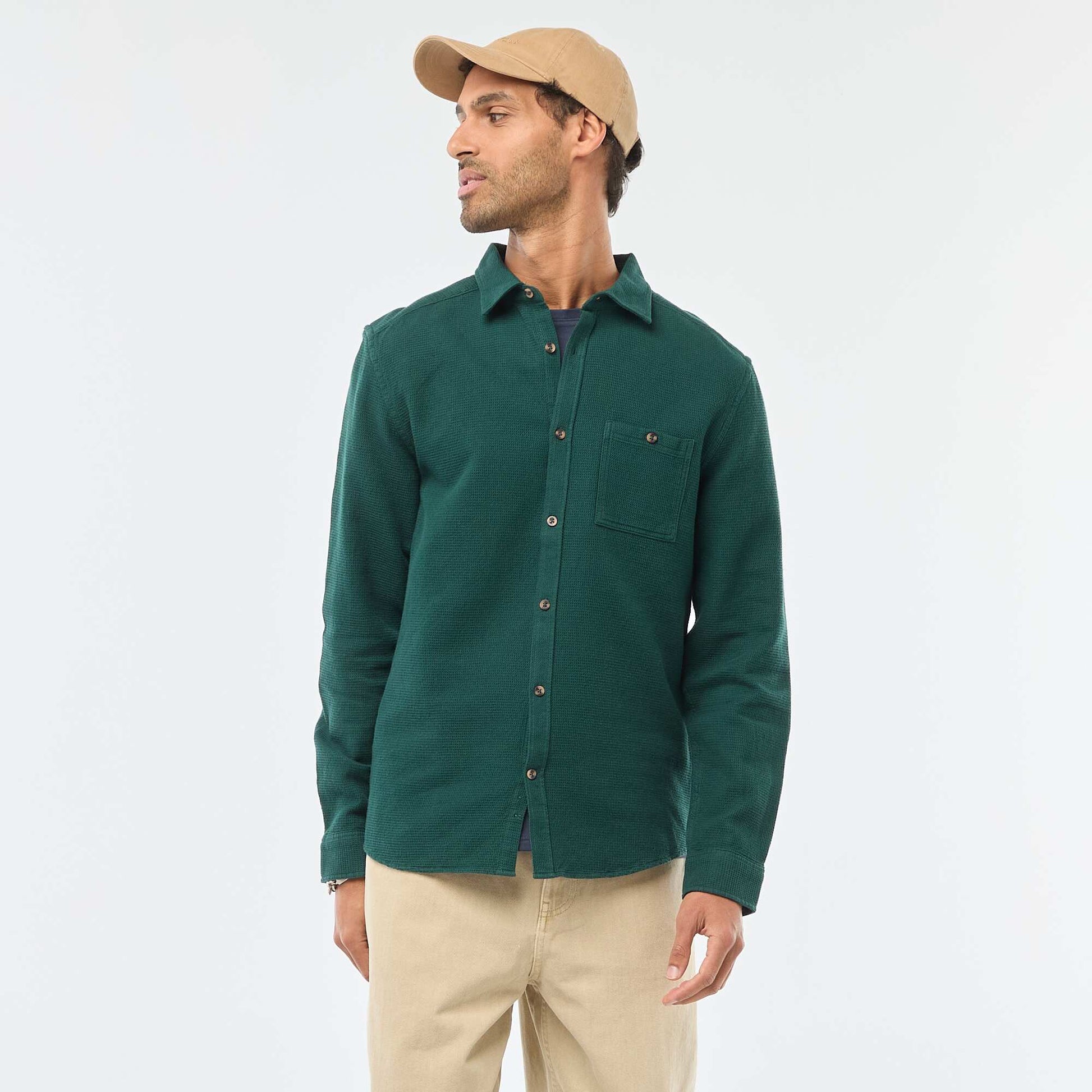 Waffle-Knit Long-Sleeve Shirt GREEN