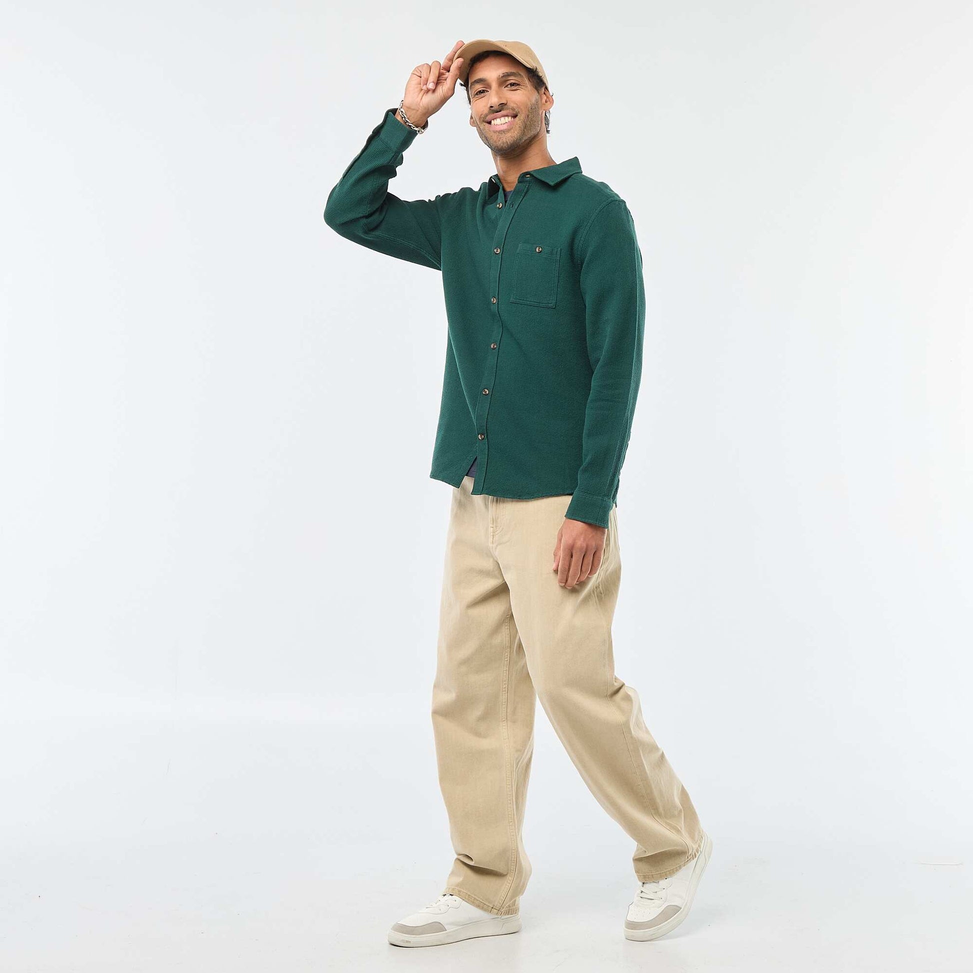 Waffle-Knit Long-Sleeve Shirt GREEN