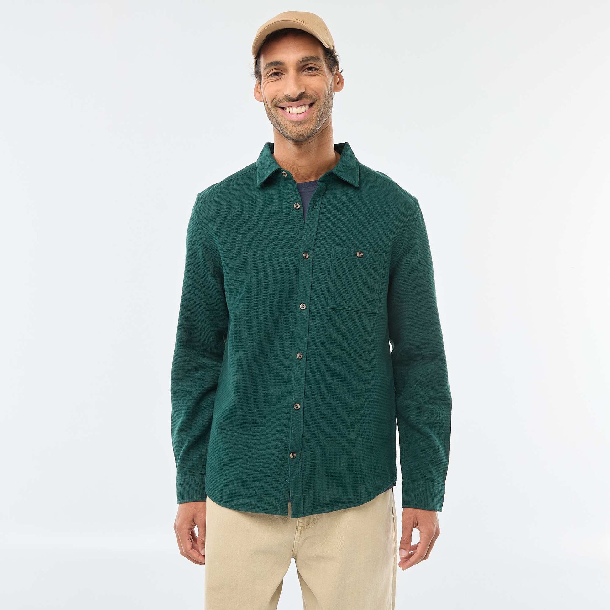 Waffle-Knit Long-Sleeve Shirt GREEN