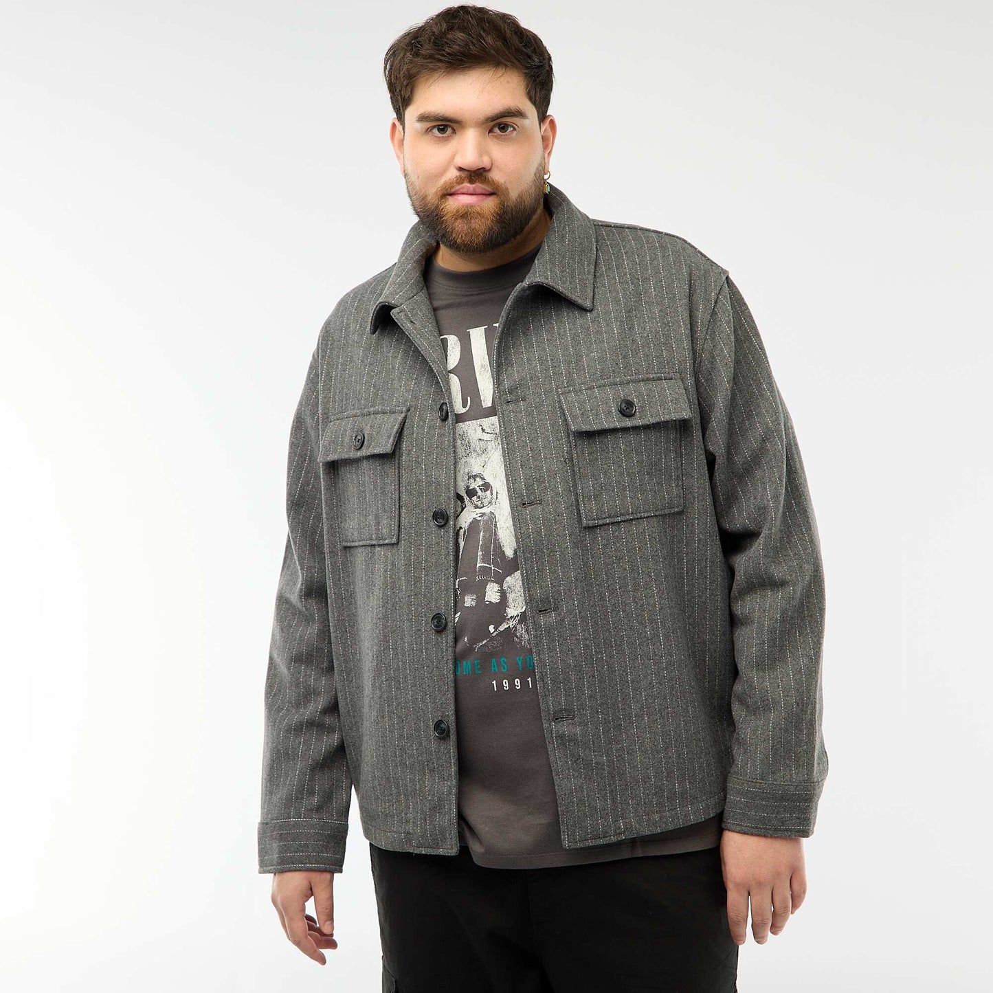 Button-Up Overshirt with Flap Pockets GREY