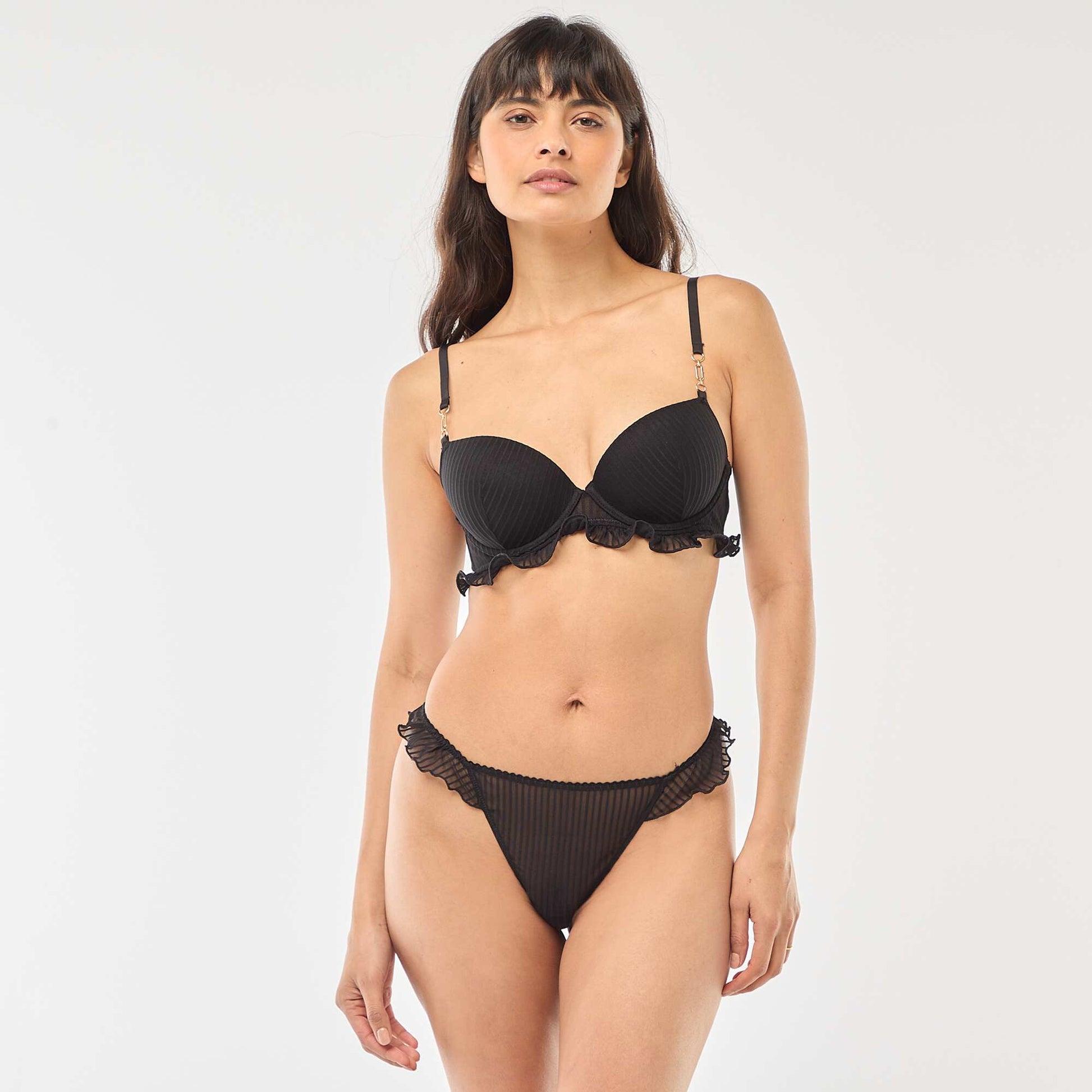 Striped Tulle Balconette Bra BLACK