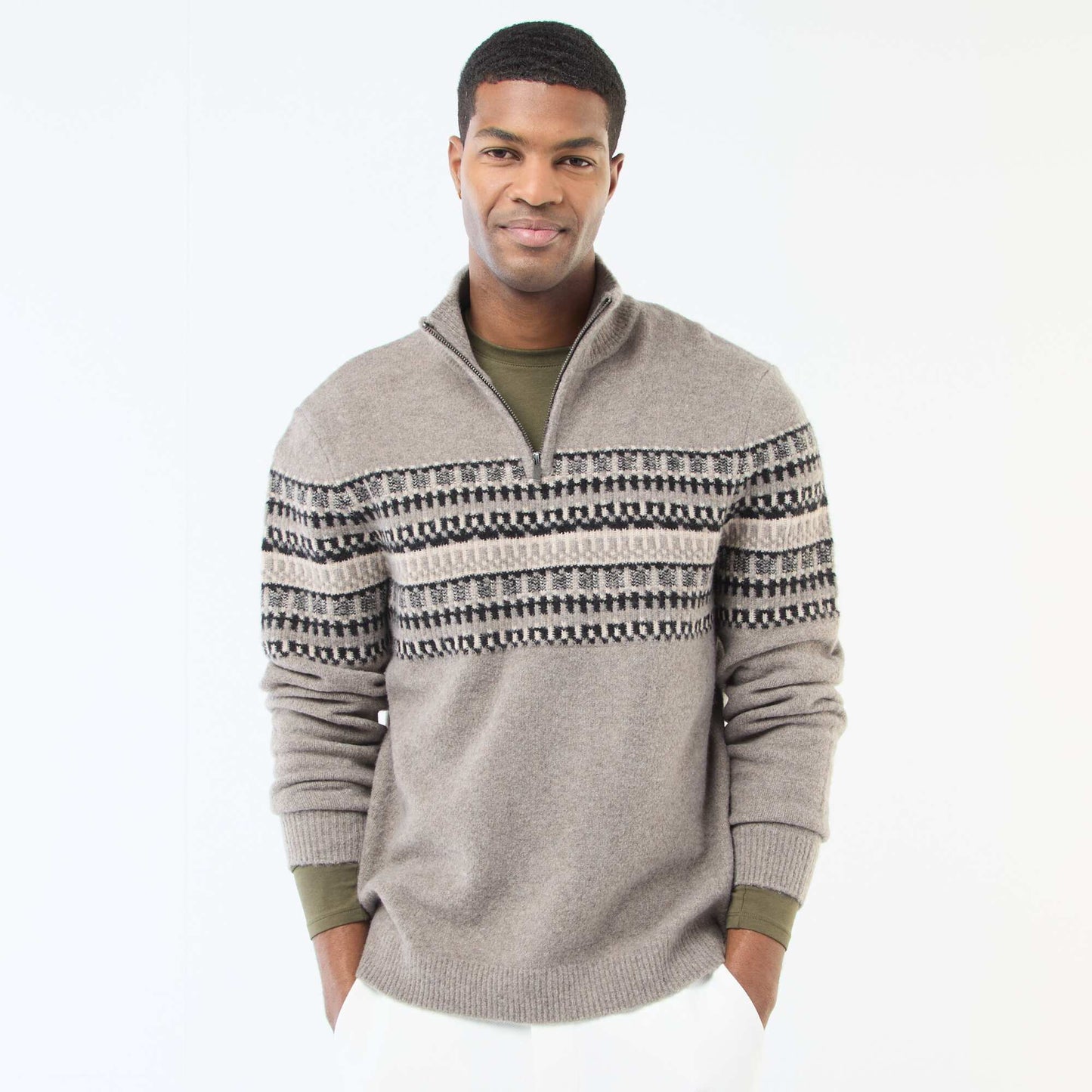 Jacquard Zip-Neck Sweater BEIGE
