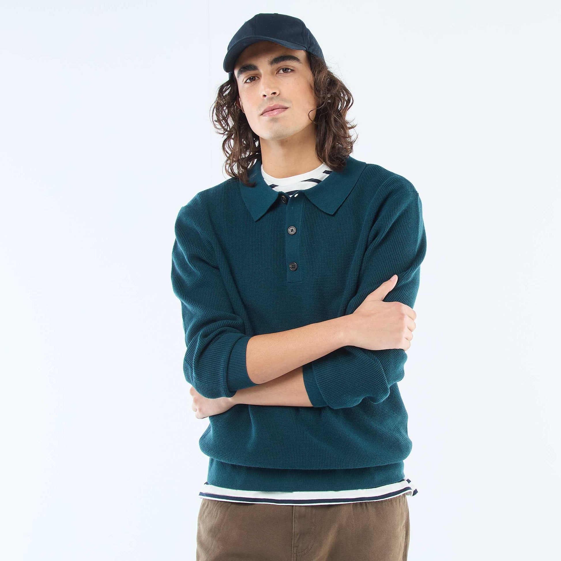 Waffle Knit Polo Collar Sweater BLUE