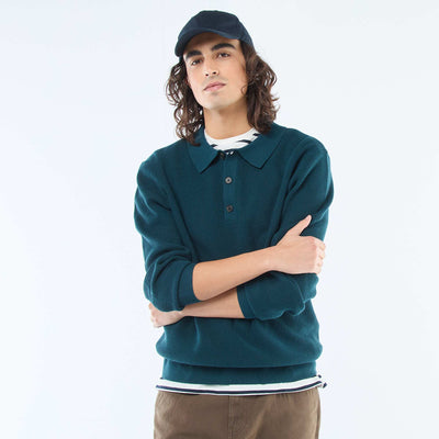 Waffle Knit Polo Collar Sweater BLUE