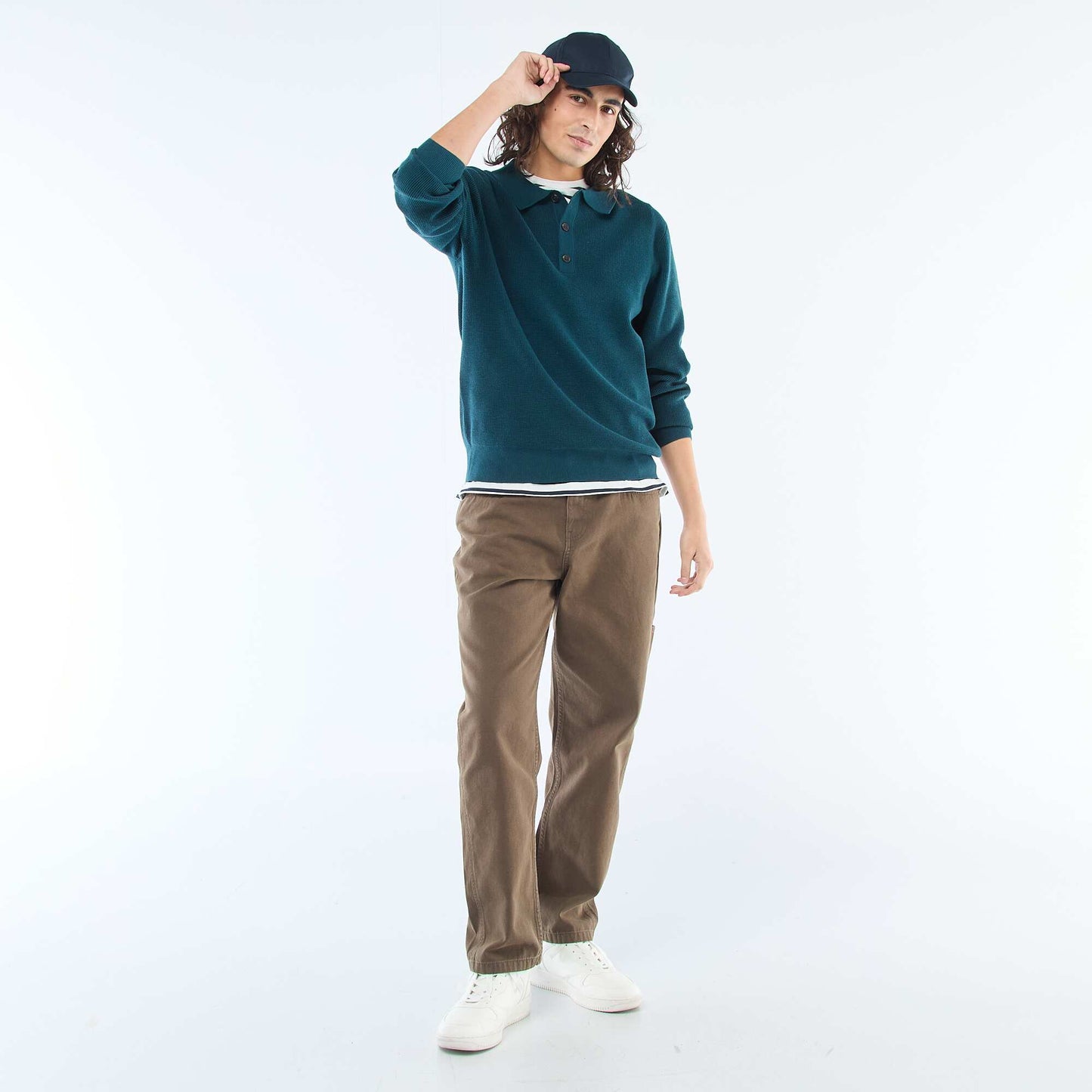 Waffle Knit Polo Collar Sweater BLUE