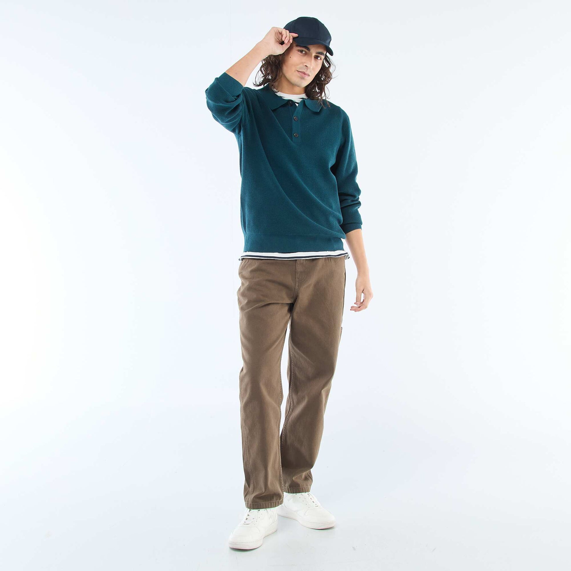 Waffle Knit Polo Collar Sweater BLUE