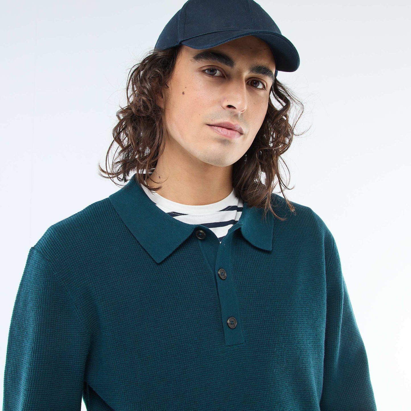 Waffle Knit Polo Collar Sweater BLUE