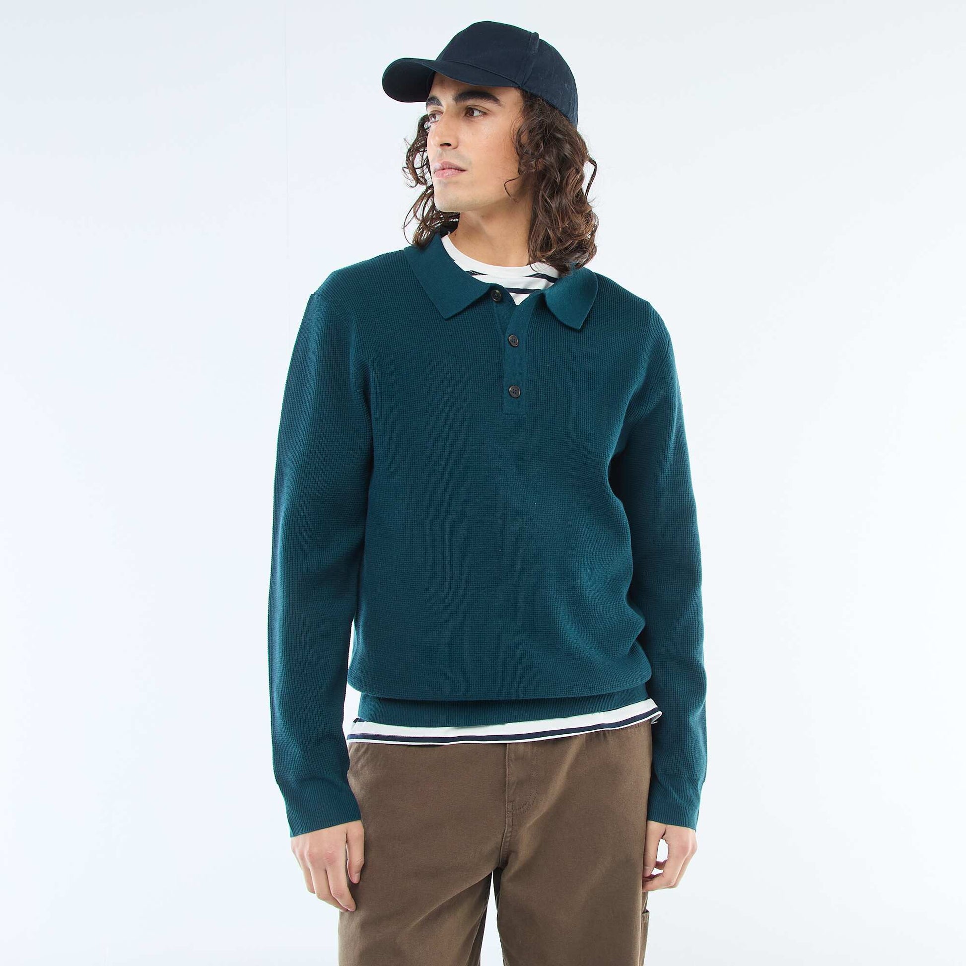 Waffle Knit Polo Collar Sweater BLUE