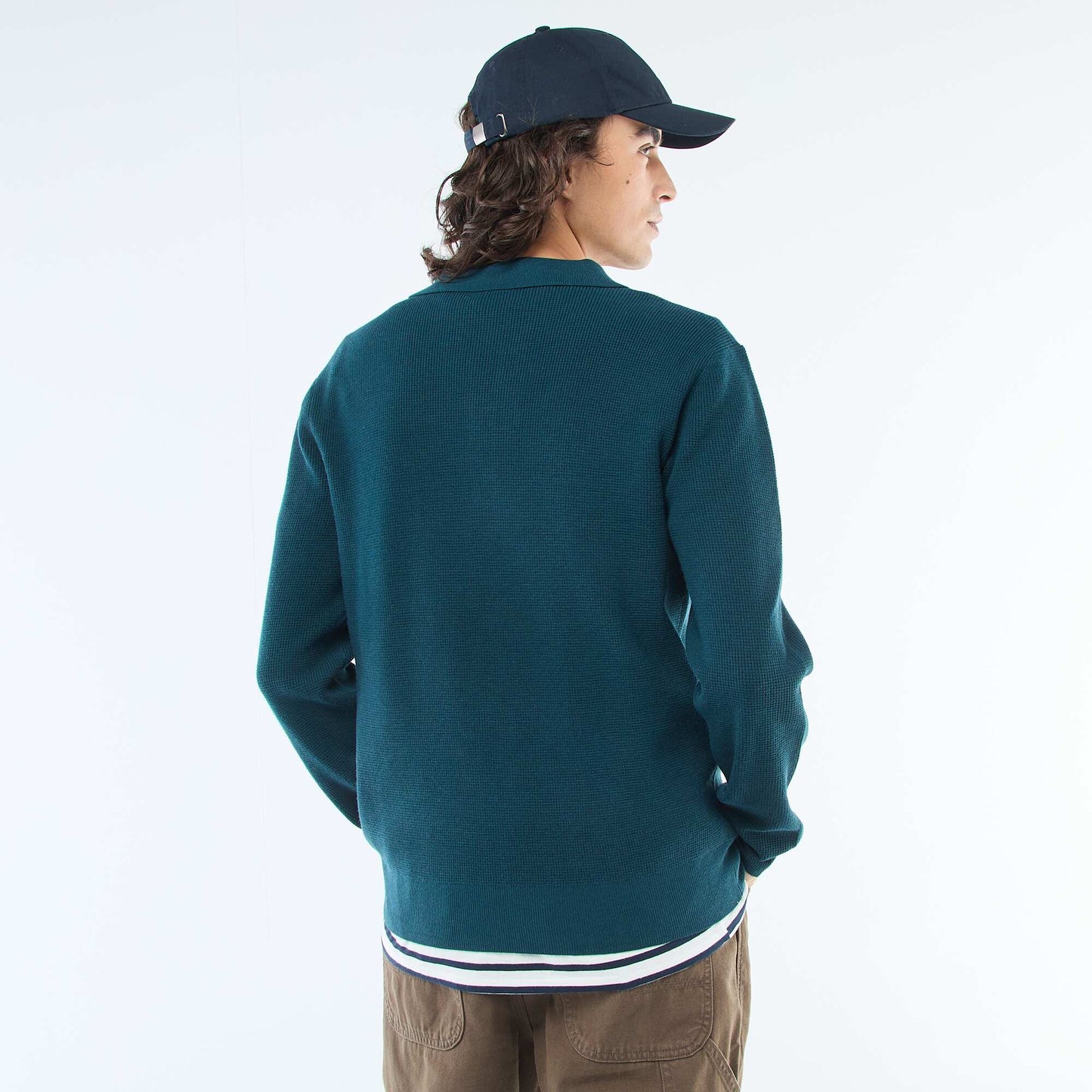 Waffle Knit Polo Collar Sweater BLUE