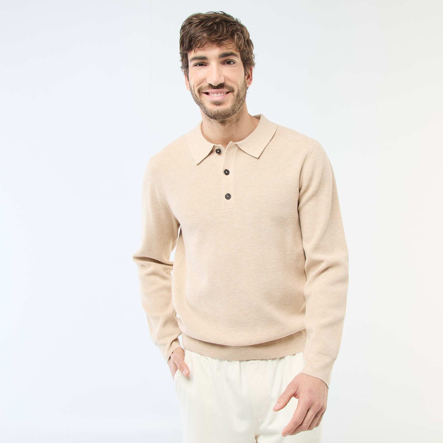 Waffle Knit Polo Collar Sweater BEIGE
