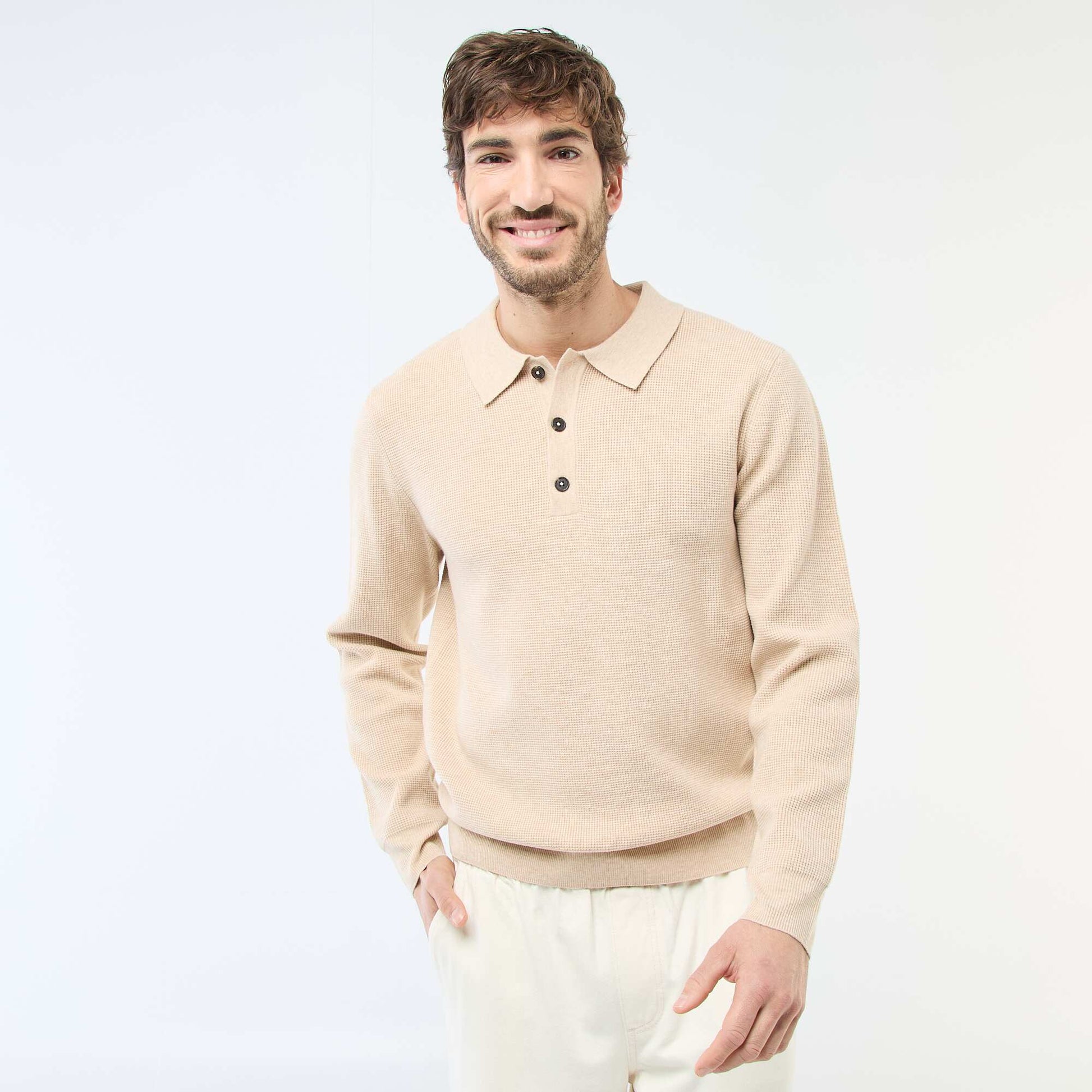 Waffle Knit Polo Collar Sweater BEIGE