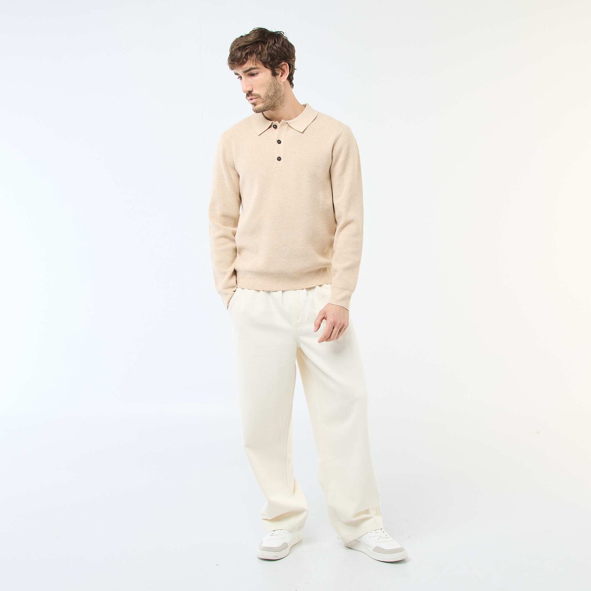 Waffle Knit Polo Collar Sweater BEIGE