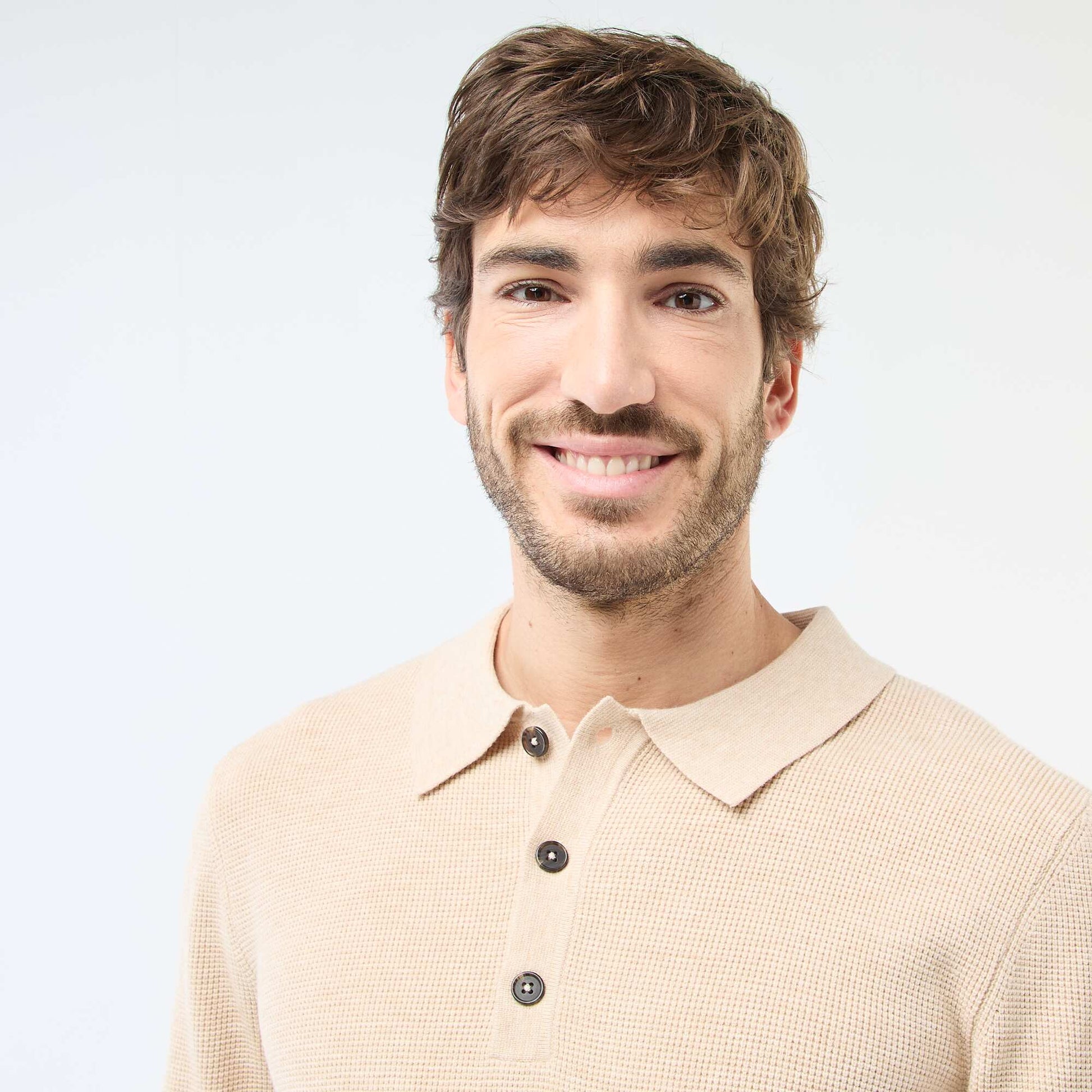 Waffle Knit Polo Collar Sweater BEIGE