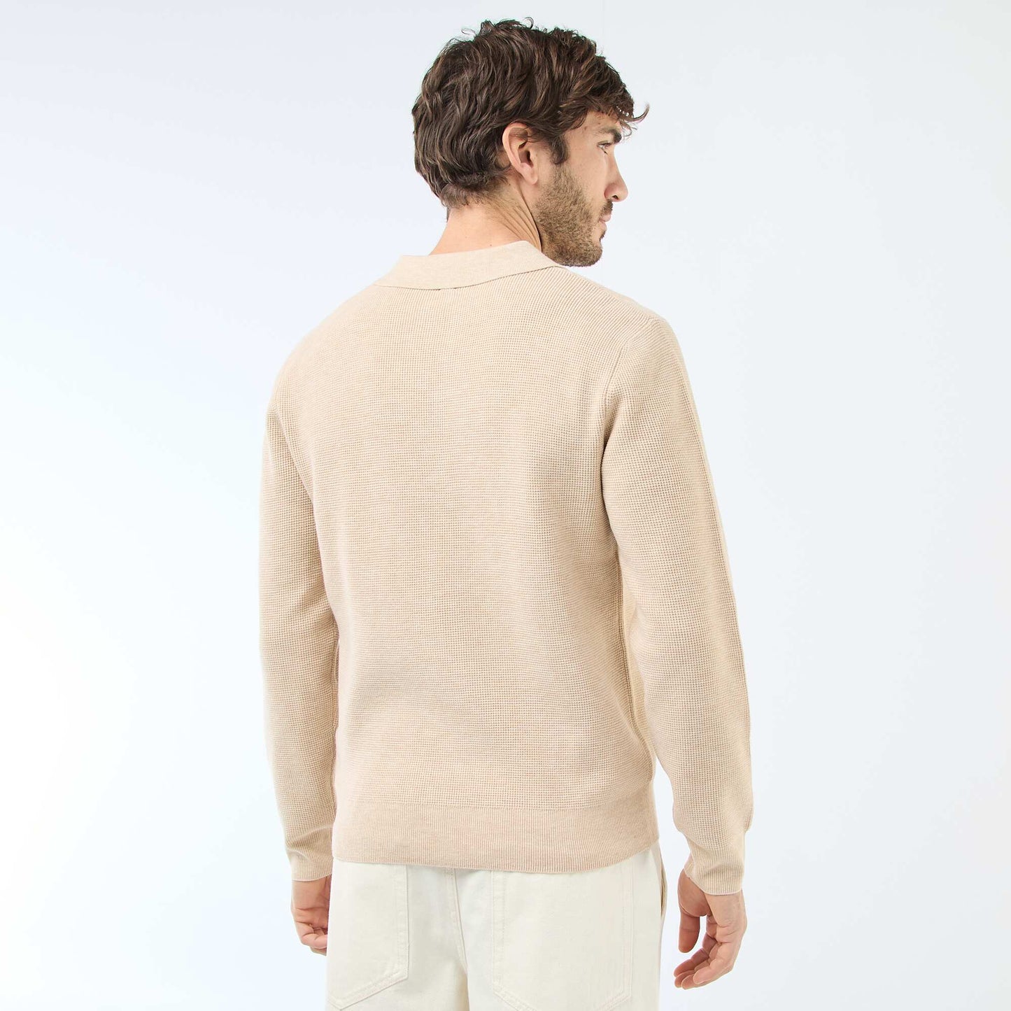 Waffle Knit Polo Collar Sweater BEIGE