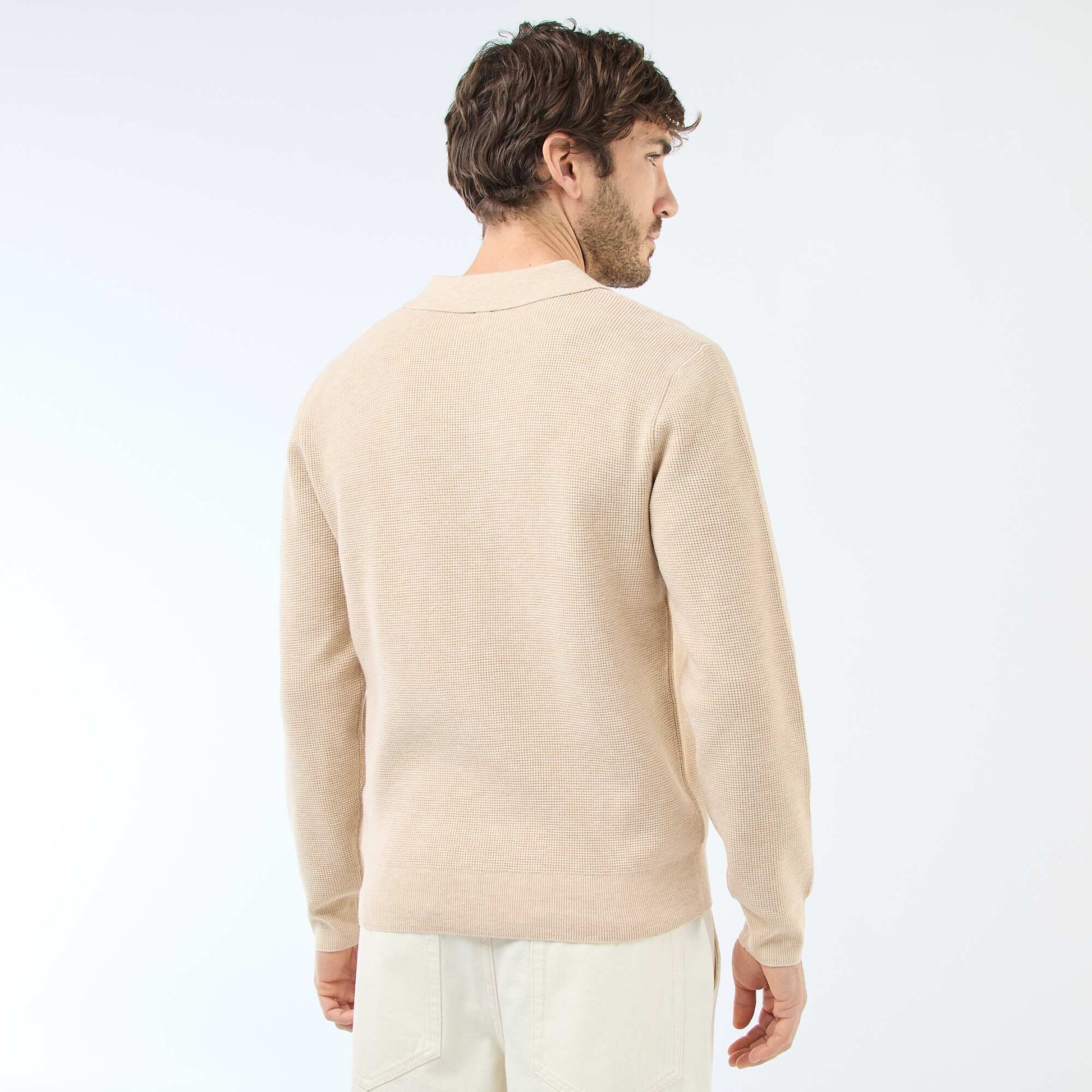 Waffle Knit Polo Collar Sweater BEIGE