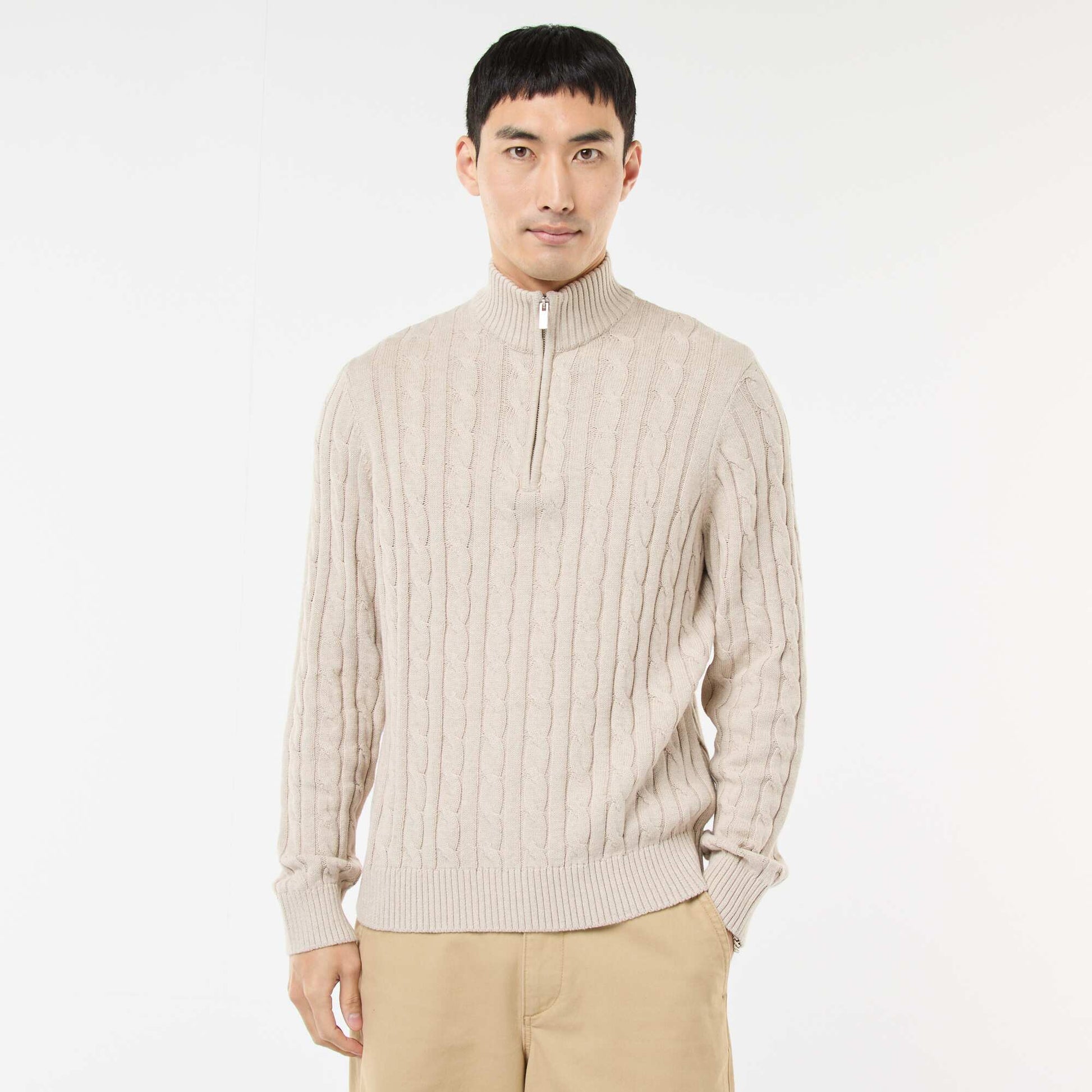 Twisted Knit Cotton Zip-Up Trucker Neck Sweater BEIGE