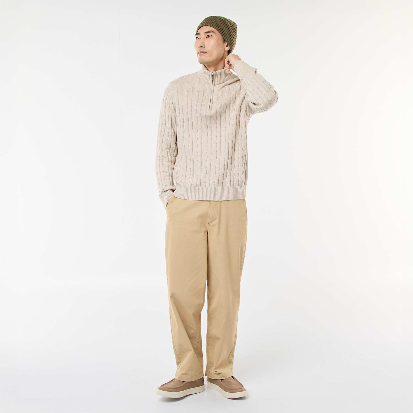 Twisted Knit Cotton Zip-Up Trucker Neck Sweater BEIGE