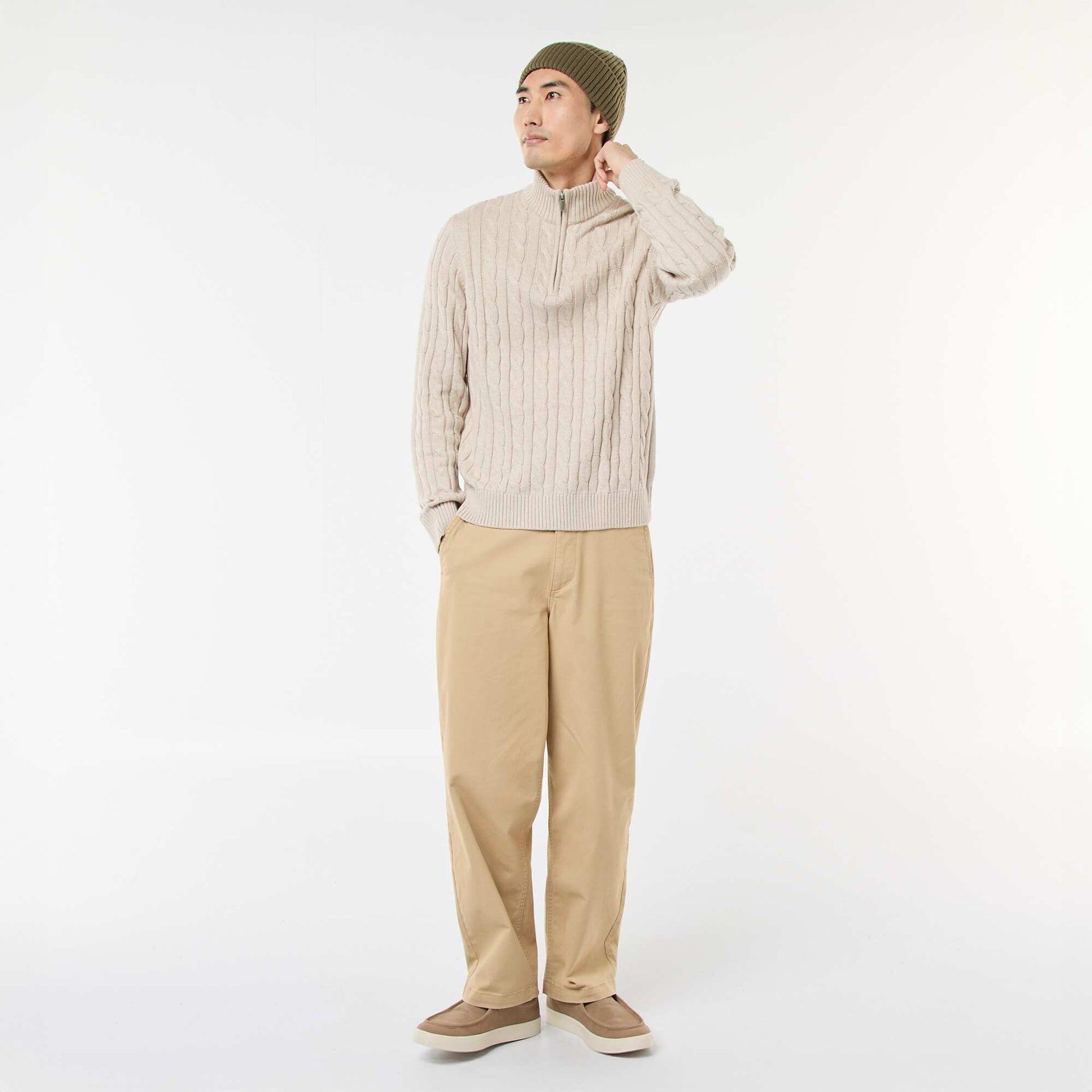 Twisted Knit Cotton Zip-Up Trucker Neck Sweater BEIGE