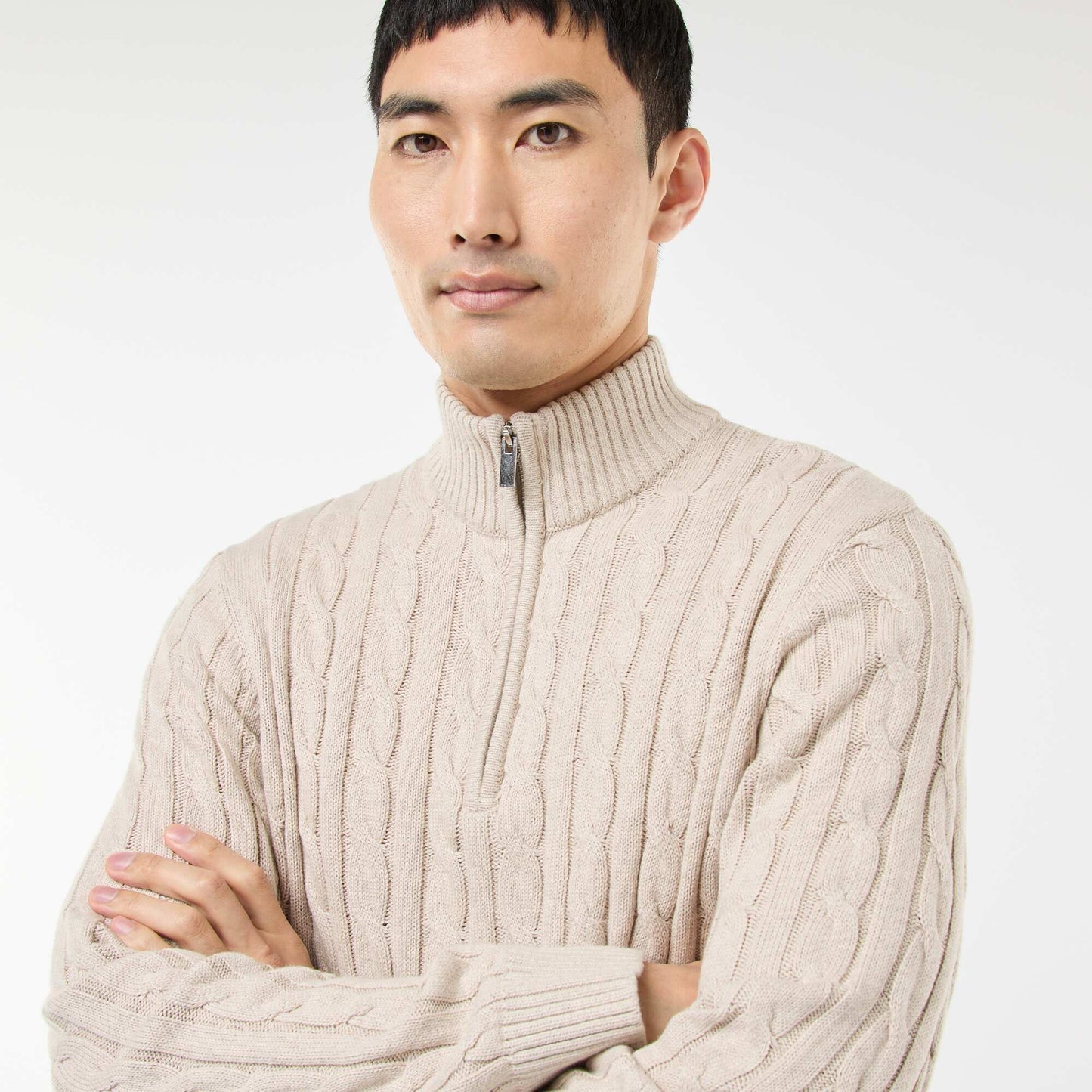 Twisted Knit Cotton Zip-Up Trucker Neck Sweater BEIGE