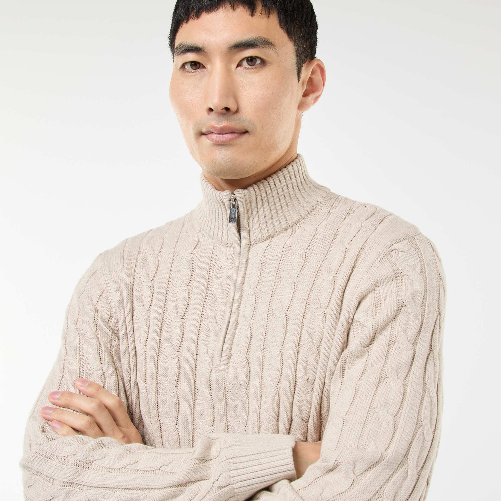 Twisted Knit Cotton Zip-Up Trucker Neck Sweater BEIGE