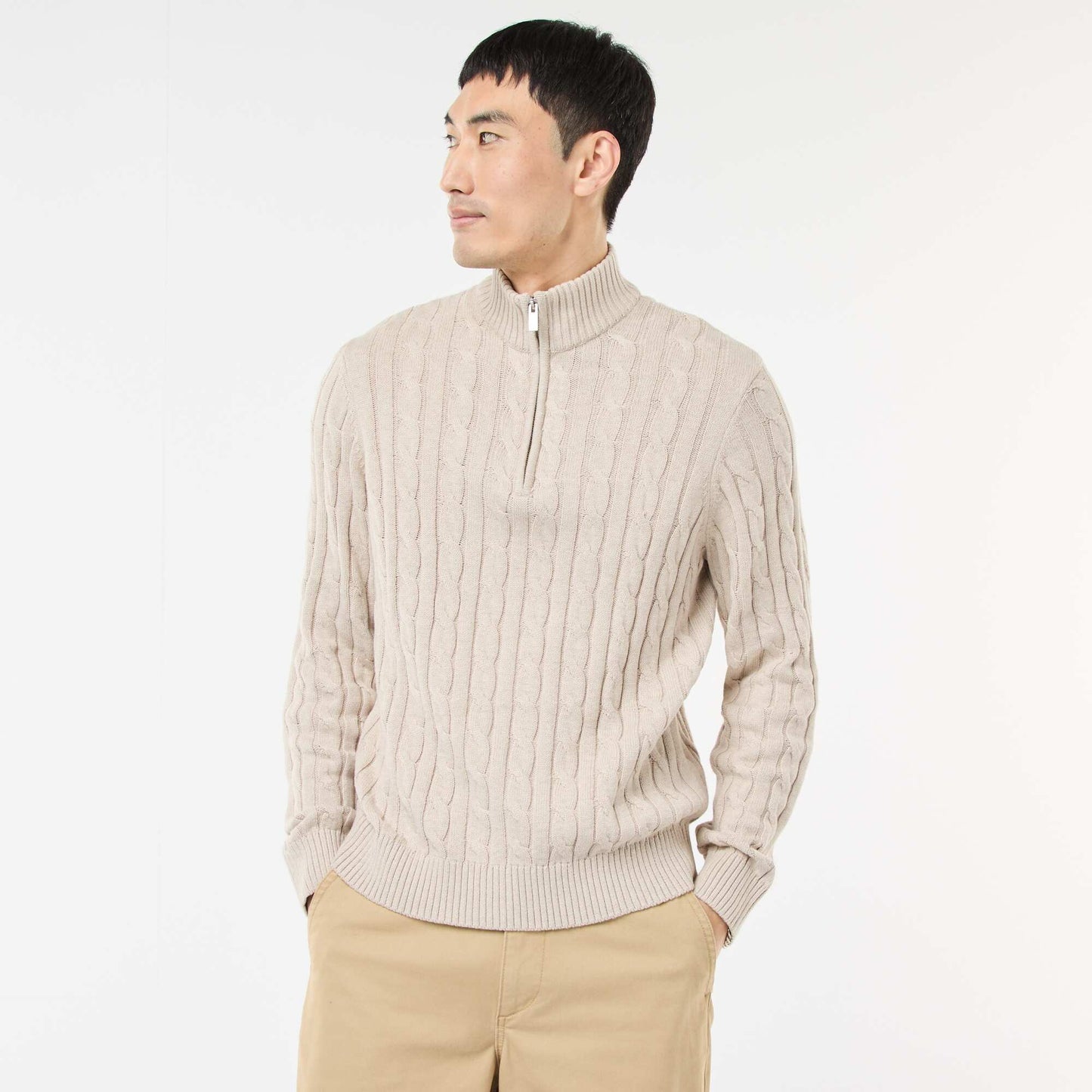 Twisted Knit Cotton Zip-Up Trucker Neck Sweater BEIGE