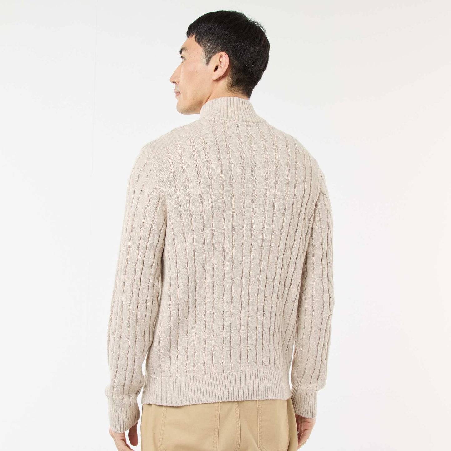 Twisted Knit Cotton Zip-Up Trucker Neck Sweater BEIGE